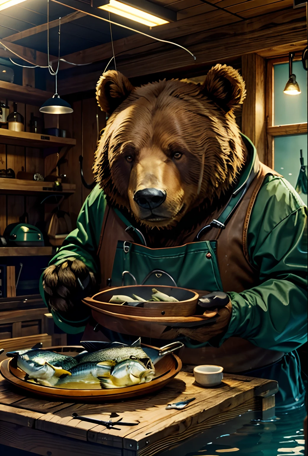 c4ttitude, Realism, Attentive Eyes ,Furr, applicant, Agile, attraction, Fishermen's clothing,stocklings, sits on a chair, Fish cage (Fishing pond,Fishing with a fishing rod),masutepiece, Best Quality, Ultra-detailed,8k wallpaper,Hyperresolution, Unreal 5,He looks very bored,Fat Brown Bear, Bear Hand