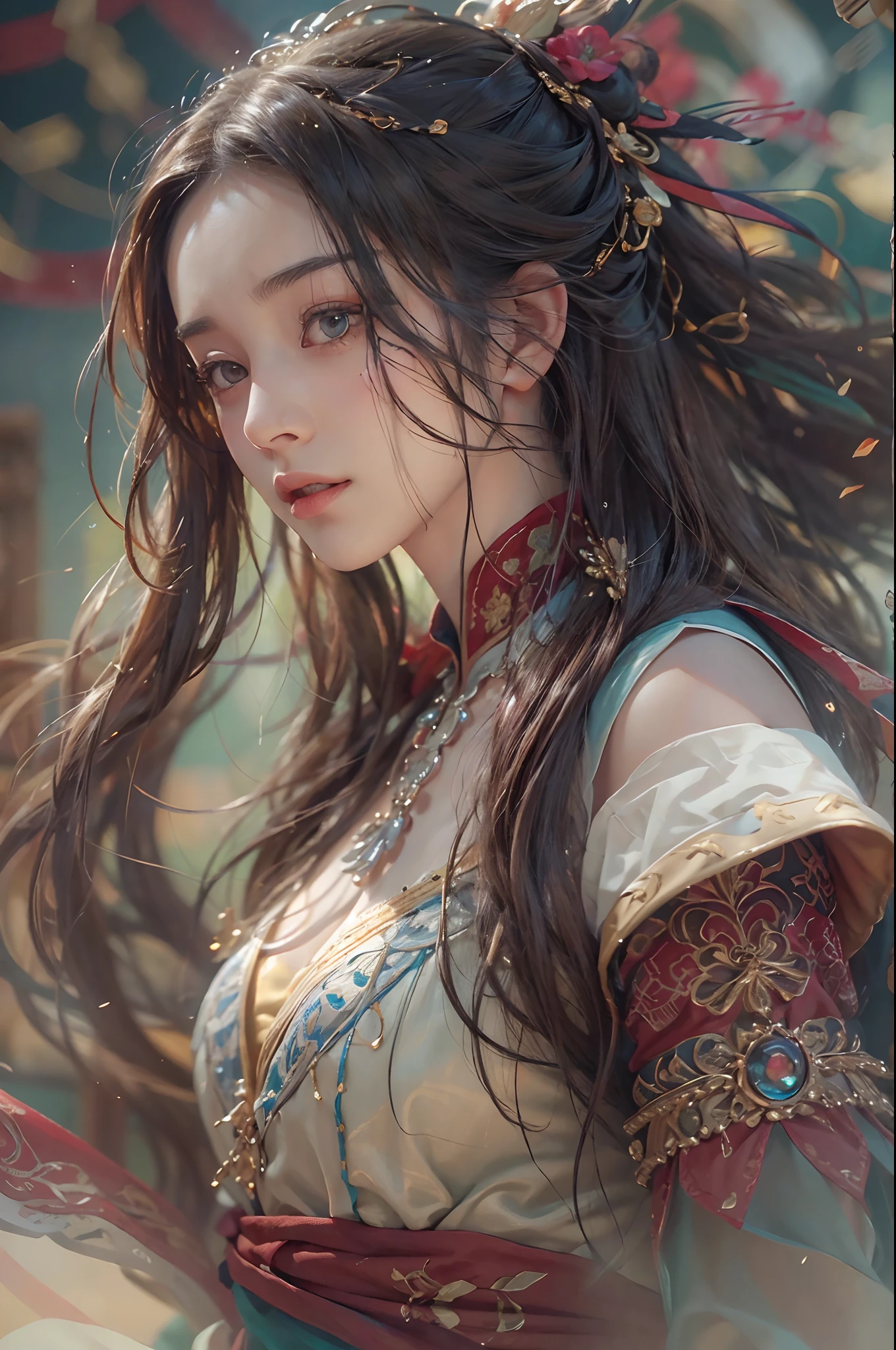 (RAW photo, best quality), (realistic, photo-realistic:1.3),best quality,highly detailed,masterpiece,ultra-detailed,illustration,1girl,upper_body,dynamic angle,world masterpiece theater,messy_long_hair,best quality,extremely detailed CG unity 8k wallpaper,ink,Amazing,cinematic lighting,lens_flare,,dunhuang_style