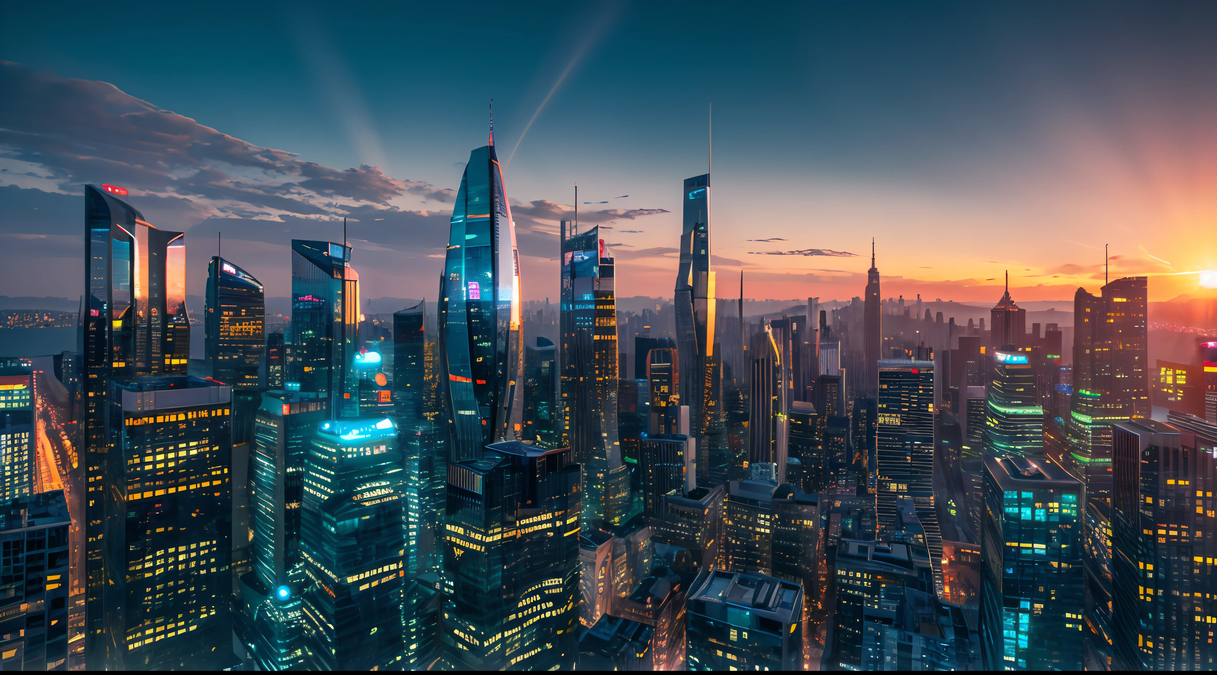 Sci-fi City, Futuristic style, sunset, landscape, cityscape, 4k, ultrahigh quality, detailed