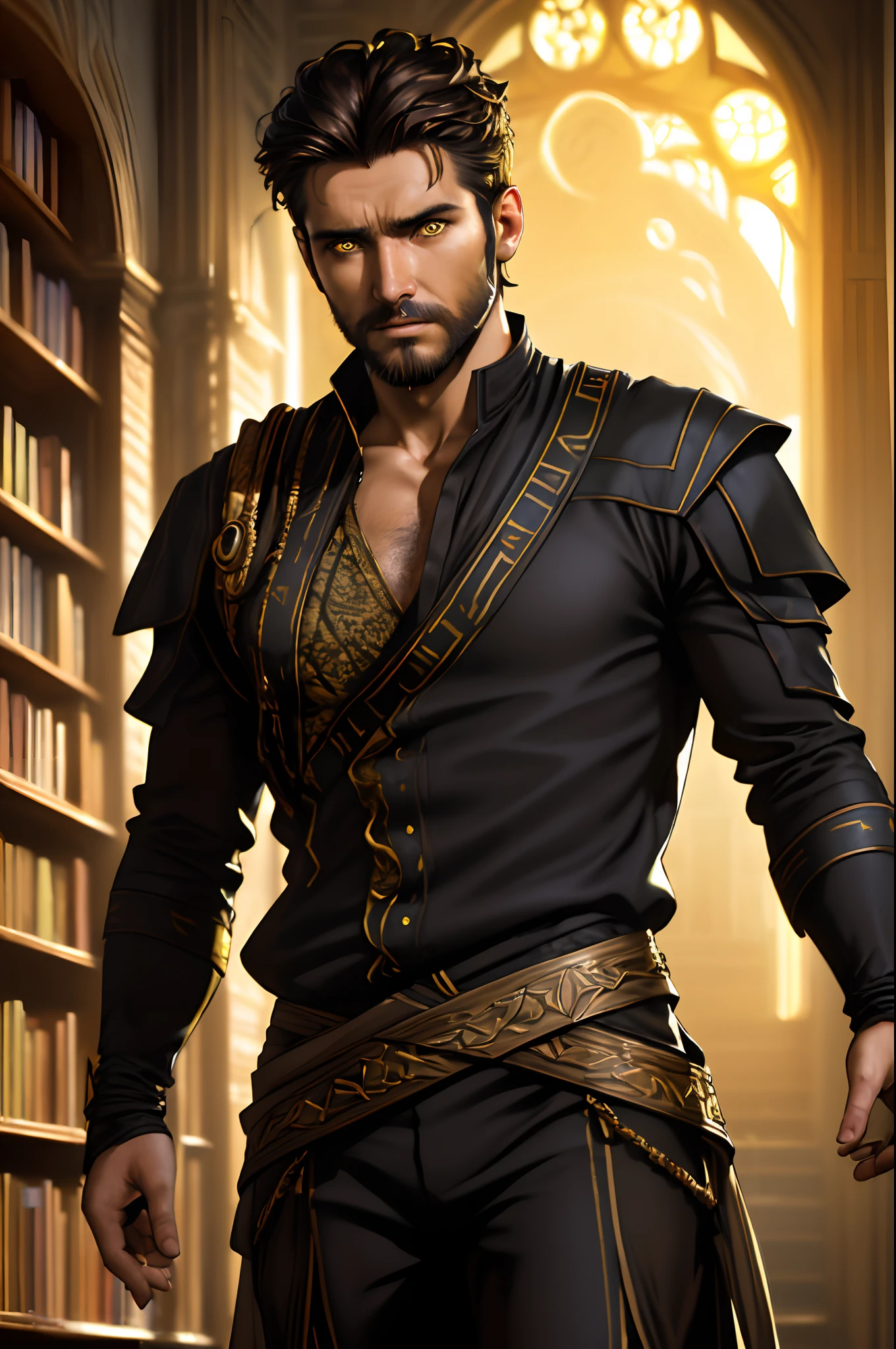 realistic photo scene 8k UHD ((ultra detailed masterpiece)), young handsome man, short dark-brown hair, beard, tall, ((yellow-iris)), intense gaze, tan skin, scared face, fierce, (wearing black clothes), Amazing fantasy art, library setting