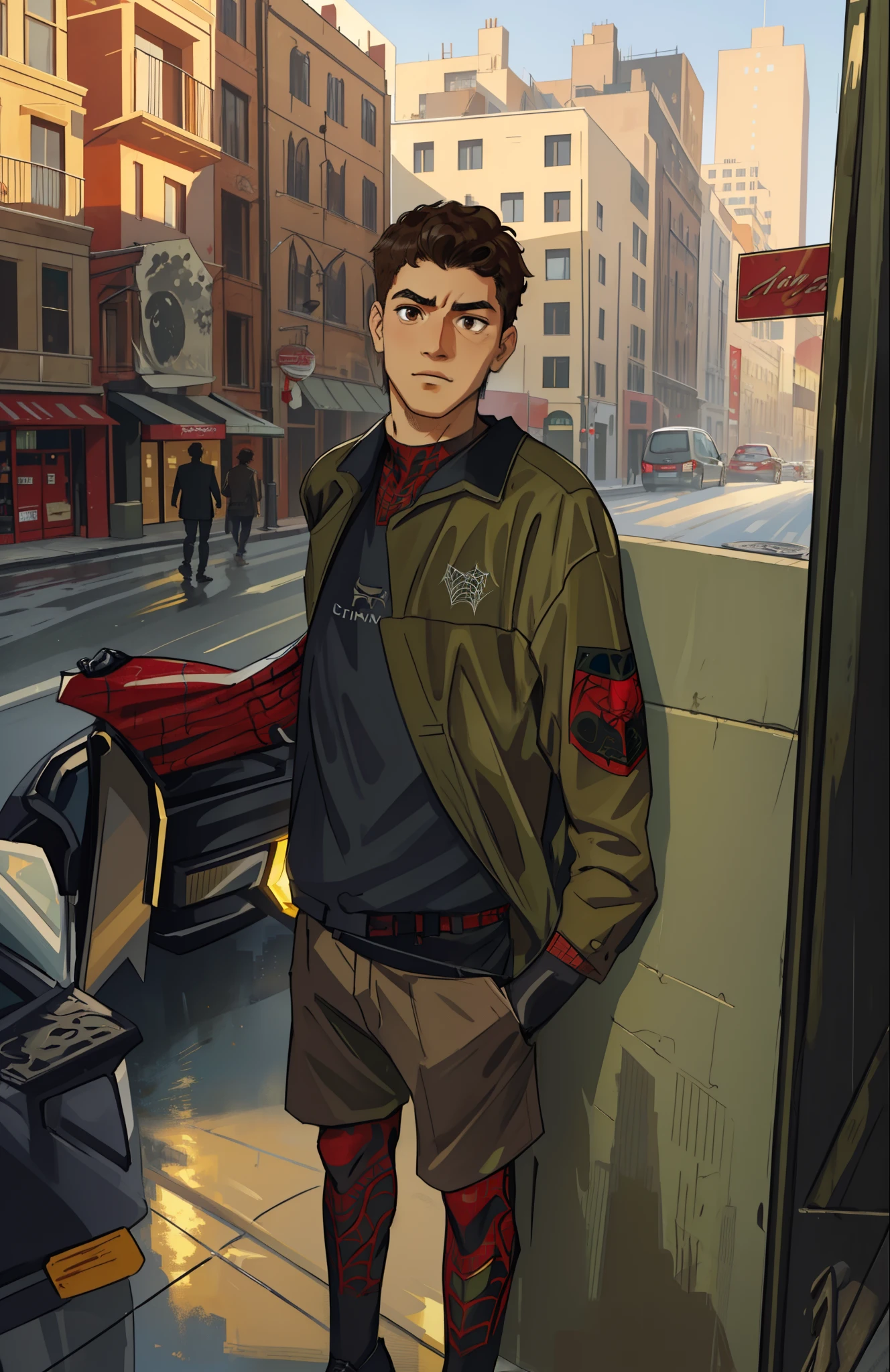 (masterpiece, best quality), intricate details, 8k, artstation, wallpaper, official art, splash art, sharp focus,
1boy, curly, short hair, brown eyes,
 spider suit, spider web printing, spider web, no mask, dark hair, olive green and black spider man, 07
skyscrapers, city, buildings, cars, street,