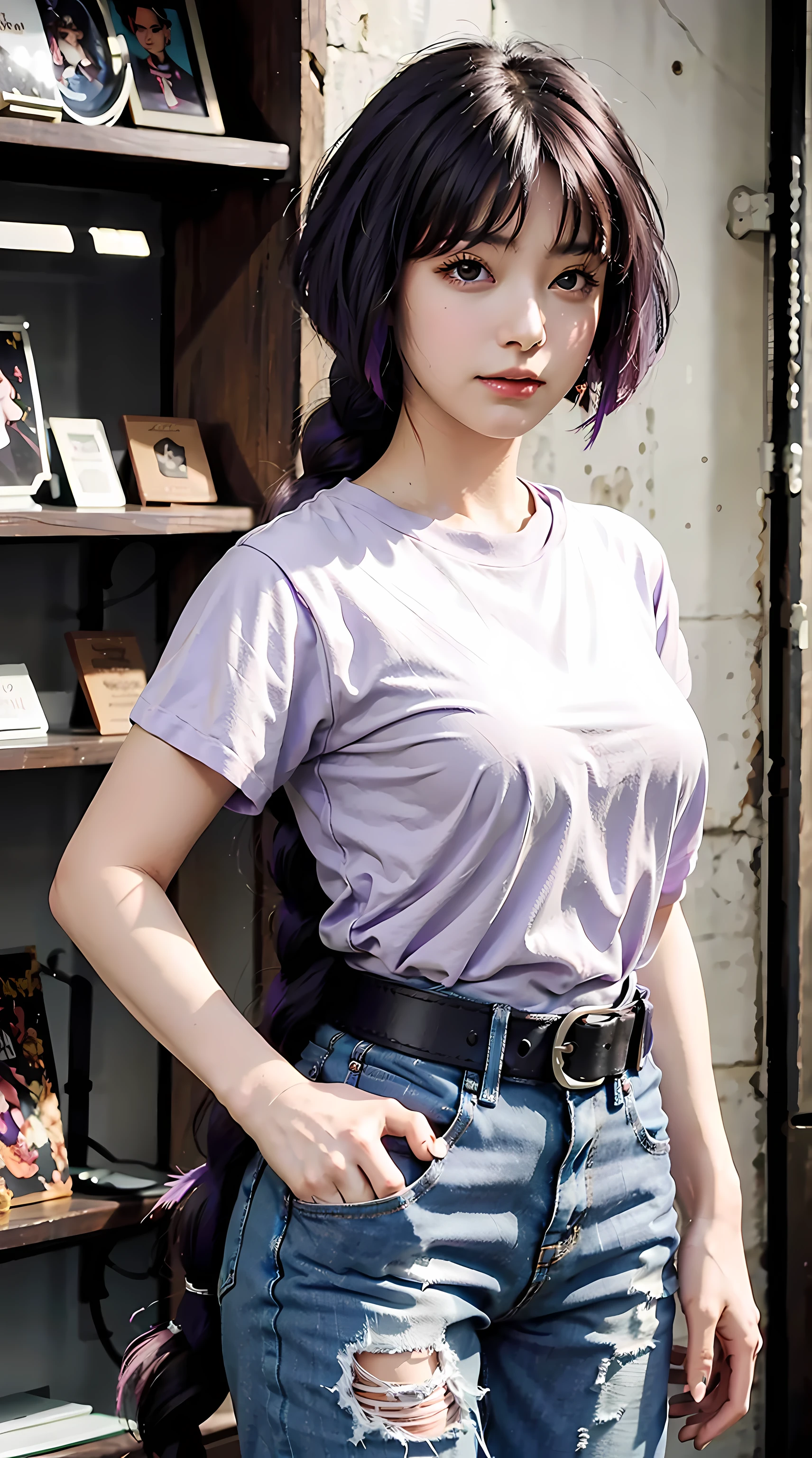 sumire kakei, single braid, purple hair, beautiful, beautiful woman, perfect body, perfect breasts, wearing oversized white t-shirt, short jeans, wearing handbag, watch, wearing earrings, convenient shop there, department store, tail horse, looking at viewer, slight smile, realism, masterpiece, textured leather, super detail, high detail, high quality, best quality, 1080p, 16k