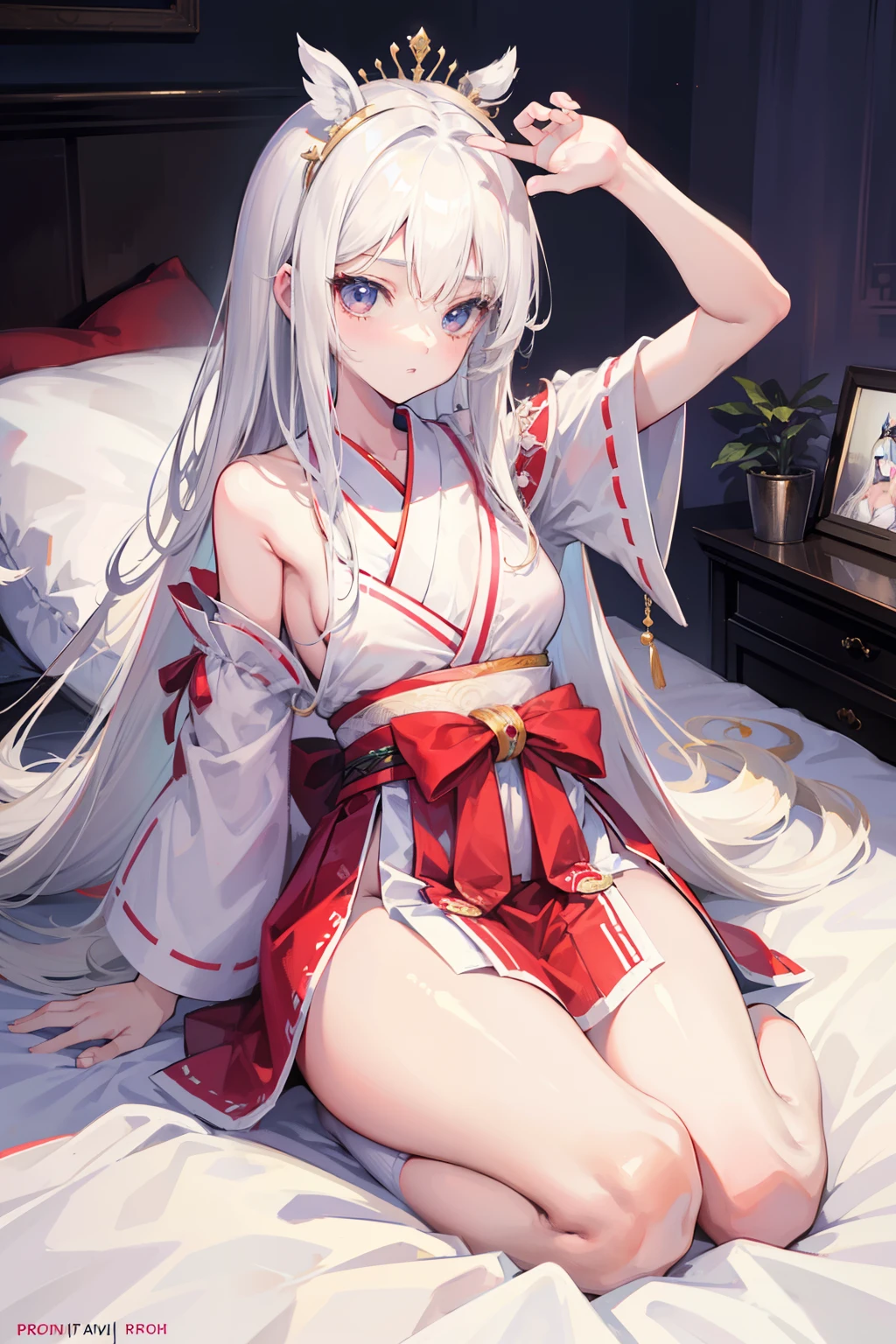 white hair,Top image quality,s girl,masterpiece,de pele branca,Semi-long hair,Princess,hime-cut,small tits,tits out,Glowing face,lyin in bed,waking up,hakama