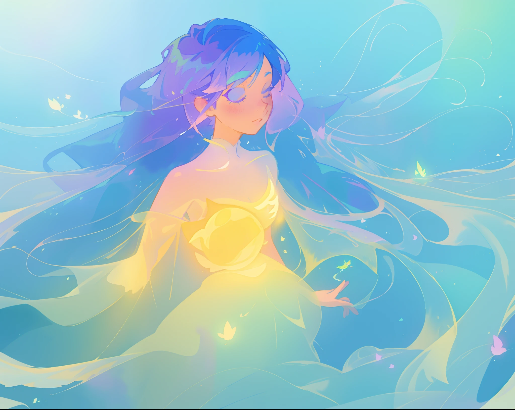 beautiful girl in yellow mint gradient flowing ballgown, long flowing blue purple hair, colorful fantasia background, watercolor illustration, disney art style, glowing aura around her, glowing lights, beautiful digital illustration, fantasia otherworldly landscape plants flowers, beautiful, masterpiece, best quality, anime disney style