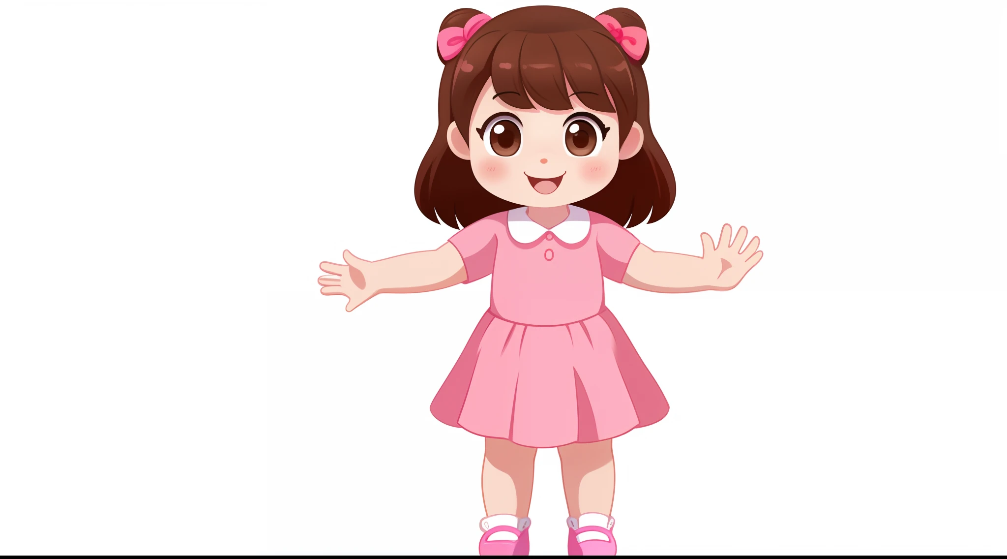 front image of a single 5 girl waving her hands, alone, happy, with brown hair, brown eyes, rosy cheeks, pink dress, white gloves, pink shoes, full body, white background, 2D style children's illustration.