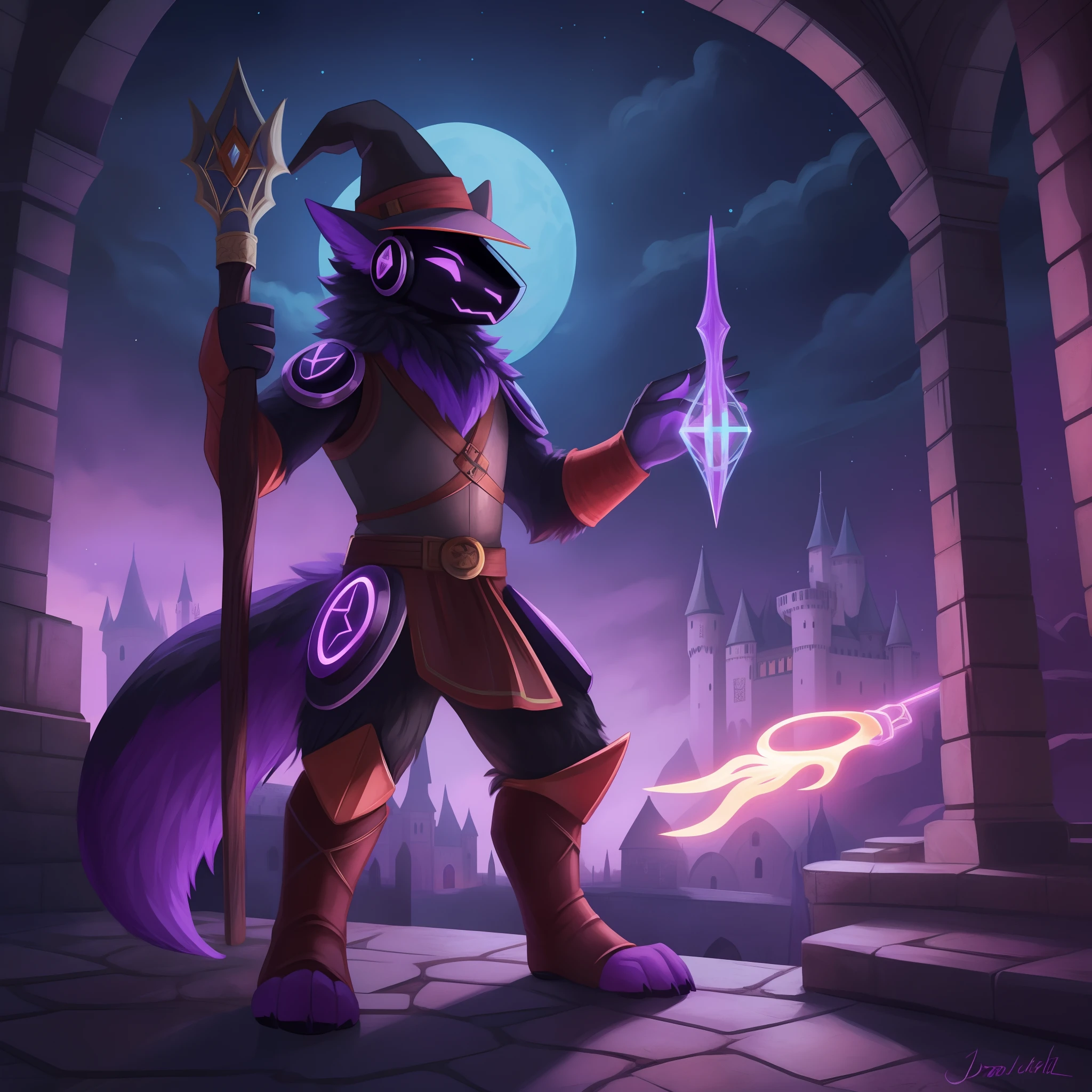 Protogen, furry art, masterpiece, great anatomy, black fur, neon purple details, detailed background, medieval age, bright night, fluffy tail, male, wearing a black mage tunic and a mage hat, solo, long wooden magical staff, mage, castle, spell casting