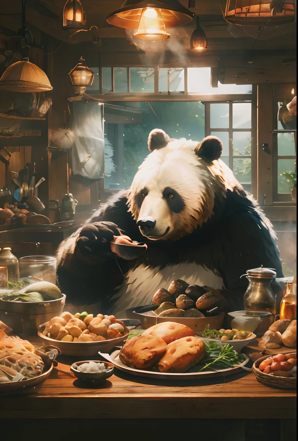 c4ttitude, Realism, Attentive Eyes ,Furr, applicant, Agile, attraction, Fishermen's clothing,stocklings, sits on a chair, Fish cage (Fishing pond,Fishing with a fishing rod),masutepiece, Best Quality, Ultra-detailed,8k wallpaper,Hyperresolution, Unreal 5,He looks very bored,Fat Brown Bear, Bear Hand