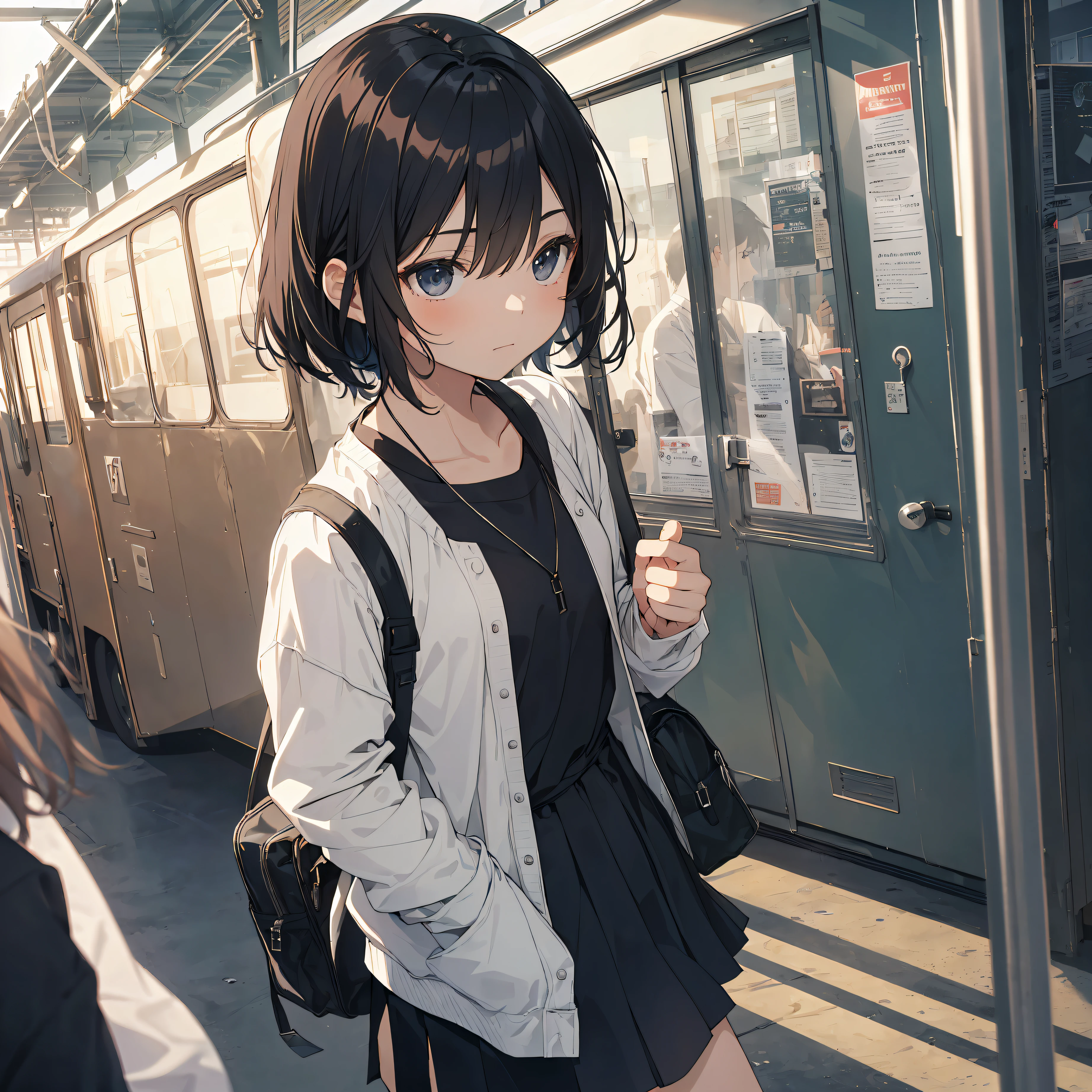 Portrait, Documentary, Photo, A girl is 13-year-old gender-neutral middle school student with short black hair and small chest, walking on the school commute route with a tired expression, Short hair, School uniform, skirt, School commute route, High quality, Realistic, Eye-level shot, Medium shot, Front view, Natural lighting, School commute,break,1girl, (Solo,Loli face,13-year-old:1.5),a junior high school student, androgynous charm, (Very Short hair), flat chest, Small butt, Beautiful detailed black eyes, disgusted eye,break,((top quality,anime style, ultra-detailed,high resolution,extremely detailed CG,unity 8k wallpaper,by famous artist,perfect anatomy,super detailed skin,cinematic lighting)),
