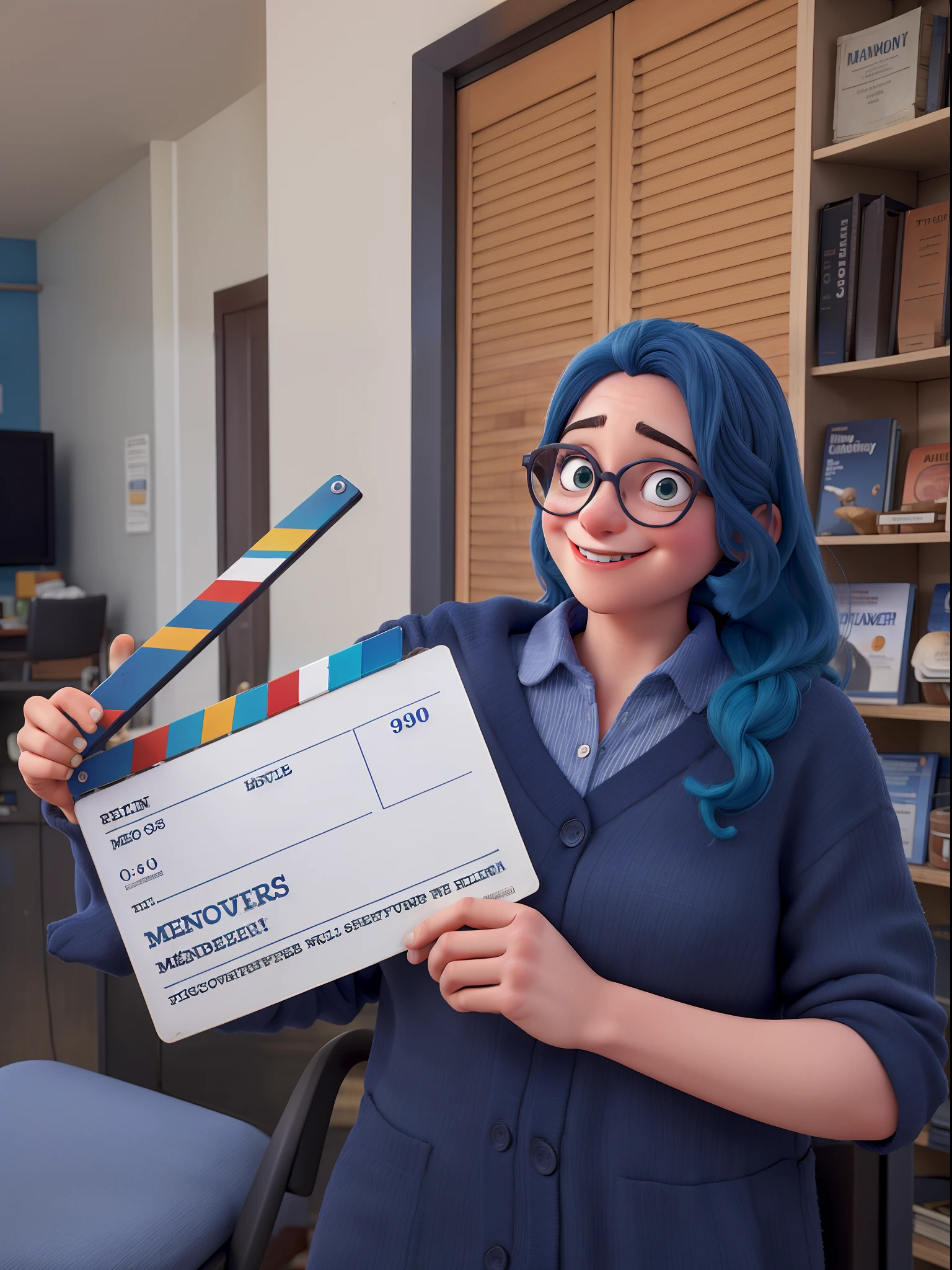 Movie poster with this reference photo, menina sorrindo, Eyeglasses, cabelo azul.