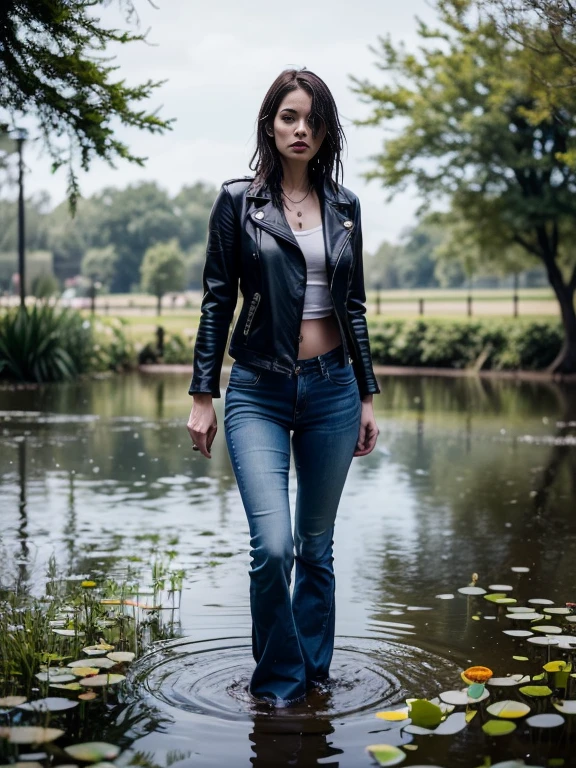 Morally Fallen Mature Woman, In top and jeans, standing in water, painting by Misha Klein, featured on cgsociety, fine art photography, Stylish photo shoot "Wetlook", photo of slim girl model, ultra-skinny flared jeans, (Wide flares on jeans:1.1), Fragile girl, leather jacket, (Drowning in a pond:1.4), in a pond, natural lighting