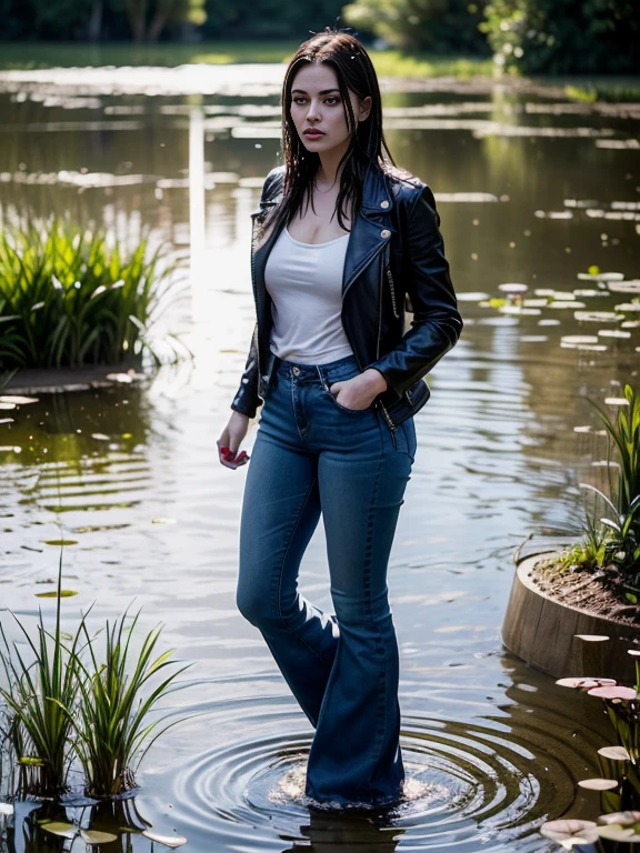 Morally Fallen Mature Woman, In top and jeans, standing in water, painting by Misha Klein, featured on cgsociety, fine art photography, Stylish photo shoot "Wetlook", photo of slim girl model, ultra-skinny flared jeans, (Wide flares on jeans:1.1), Fragile girl, leather jacket, (Drowning in a pond:1.4), in a pond, natural lighting