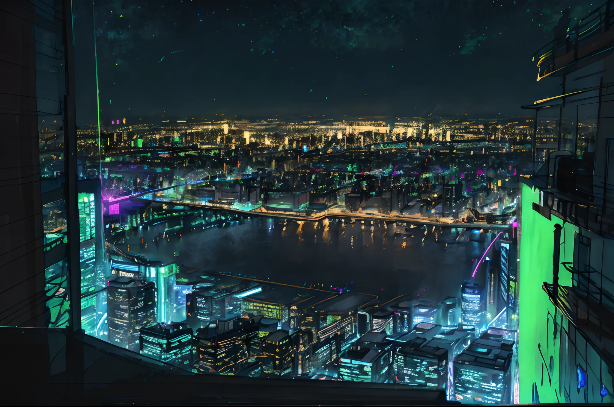 neon, glow, city, night