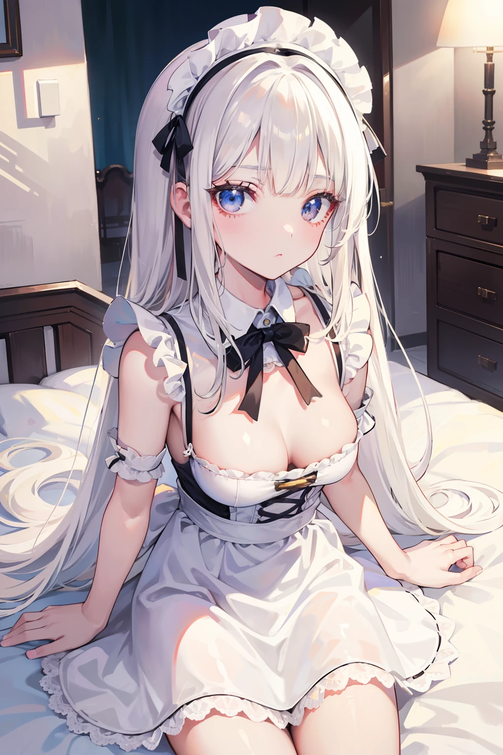 white  hair,Top image quality,teens girl,​masterpiece,de pele branca,Semi-long hair,,hime-cut,small tits,tits out,Glowing face,lyin in bed,waking up,Apron Dresses,Maids,frilld