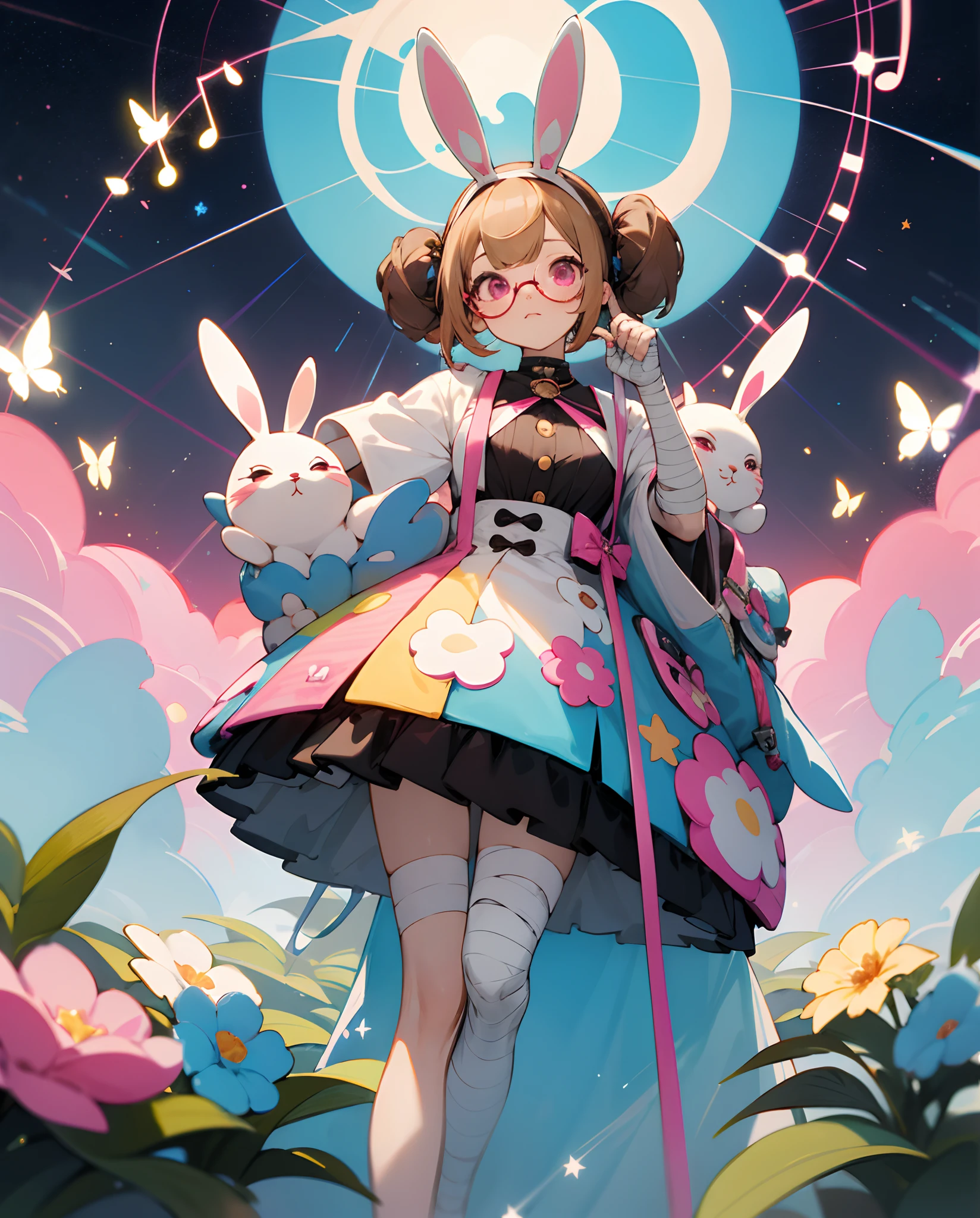 One female, busty, tall, multicolor brown hair with blonde bangs, two tone hair, pink eyes, harajuku fashion, big round glasses, white bunny headband, standing in a ield of vibrant flowers, music notes, whimsical, high quality, bandages, anime style, bug eyes, stars in sky, fantasy
