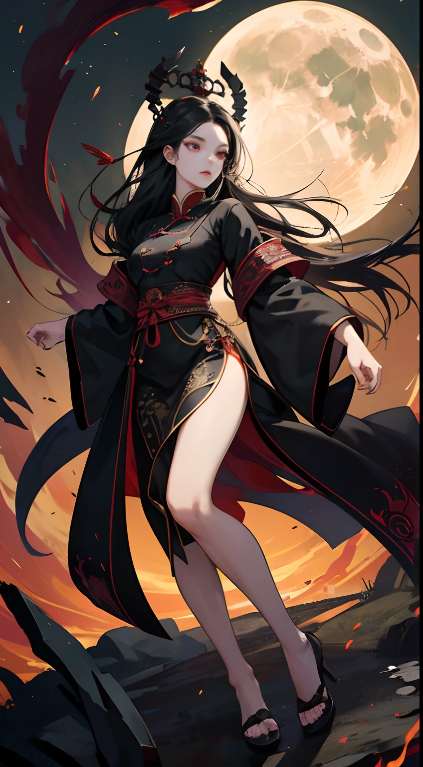 Japanese daemon woman (highly detailed face 1.6), (detailed legs 1.2), (detailed feet 1.2), (dark skin 1.6), hourglass body, , ultra detailed, large breasts, dynamic hair, long straight hair, sitting atop a pile of skulls in a japanese forest, dark, gritty, evil, flames, beautiful image, dark robes with much detail, dark anime, highly detailed, maximalist,