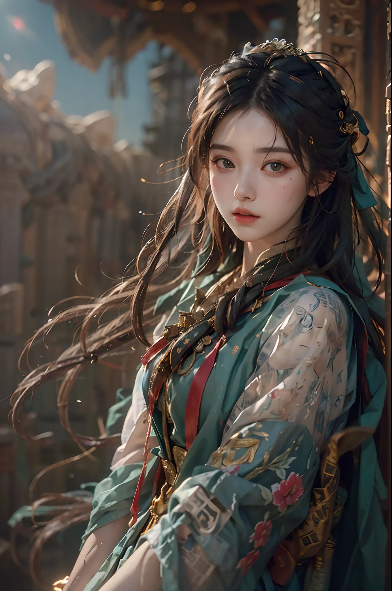 (RAW photo, best quality), (realistic, photo-realistic:1.3),best quality,highly detailed,masterpiece,ultra-detailed,illustration,1girl,upper_body,dynamic angle,world masterpiece theater,messy_long_hair,best quality,extremely detailed CG unity 8k wallpaper,ink,Amazing,cinematic lighting,lens_flare,,dunhuang_style