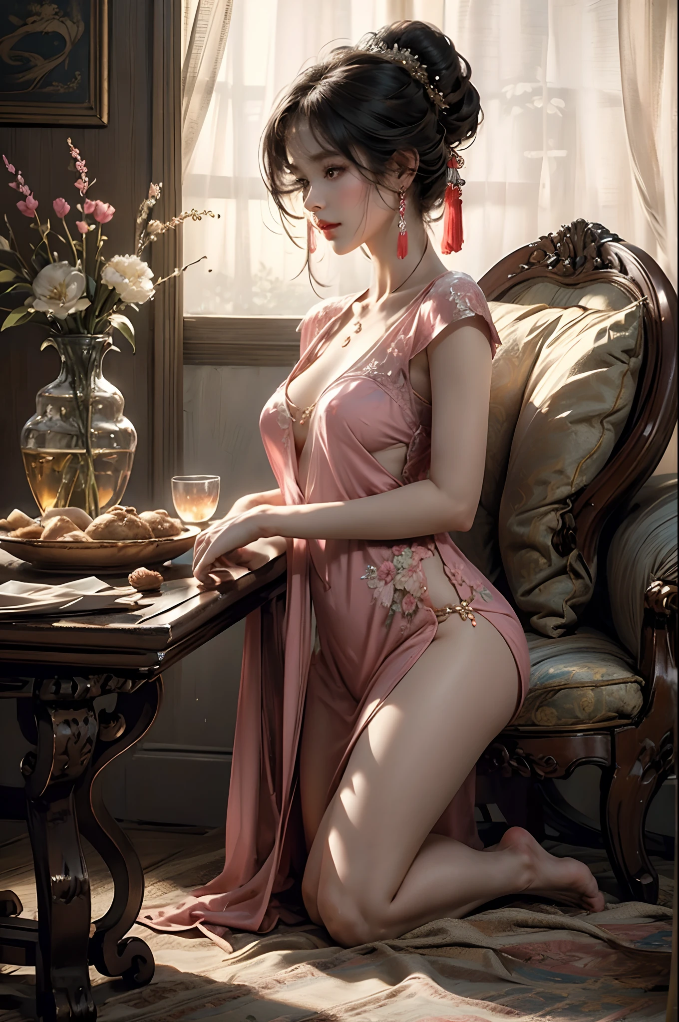 Masterpiece, Best quality, Waterfront, banquet, 1 woman, Mature woman, elegant, Chinese style, Ancient China, sister, Royal Sister, cheerfulness, Meatball heads, Light brown hair, Pink eyes, Gorgeous headdress, Light pink lips, Pink clothes, Yarn-like clothing, Intellectual, Full bangs, Flat bangs, Flower bulbs, Face delicate,updo(Enrich the picture,Masterpiece level quality)Beautiful 8K CG artwork,Goddess-like posture,Kneeling exercise,Slim and soft,Translucent skin,brunette color hair、Medium-long hair and messy hair blend beautifully,The skin is fair and juicy,Big breasts uniform,Perspective Part 1.2x enhanced silhouette effect,Pajamas are delicate and transparent,The details are intricate and exquisite,The background is slightly blurred,Charming and lustful leg seduction,03