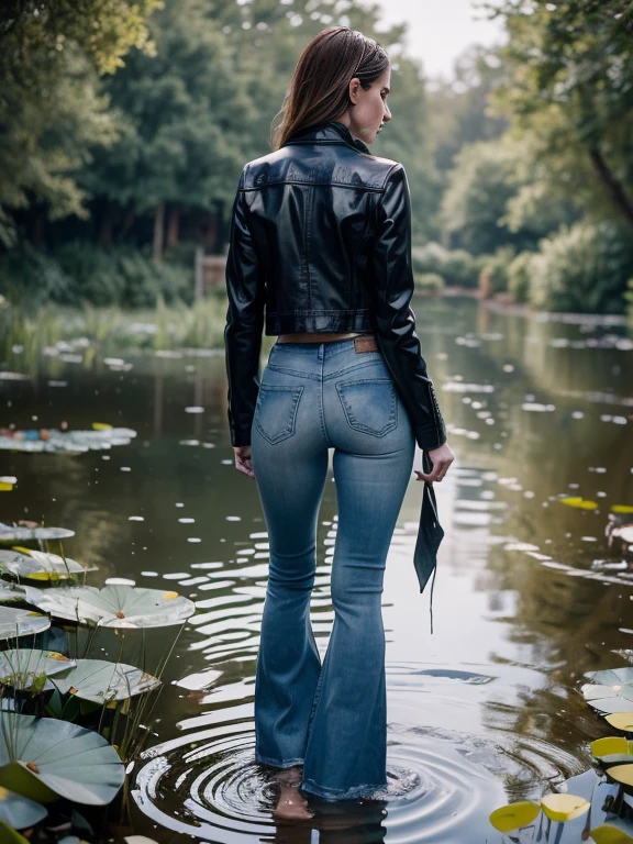 Morally Fallen Mature Woman, In top and jeans, standing in water, painting by Misha Klein, featured on cgsociety, fine art photography, Stylish photo shoot "Wetlook", photo of slim girl model, ultra-skinny flared jeans, (Wide flares on jeans:1.1), Fragile girl, leather jacket, (Drowning in a pond:1.4), in a pond, natural lighting, ((rear view))