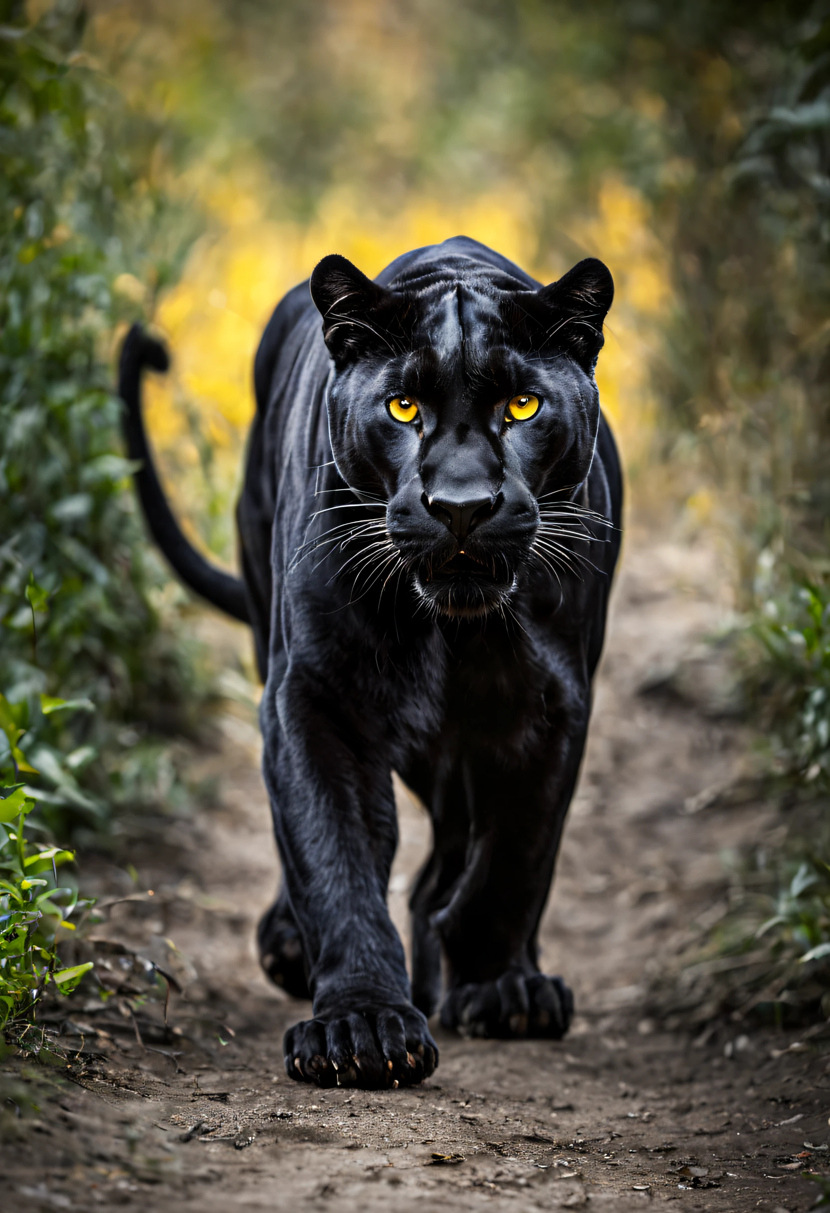 Black panther is walking, yellow eyes