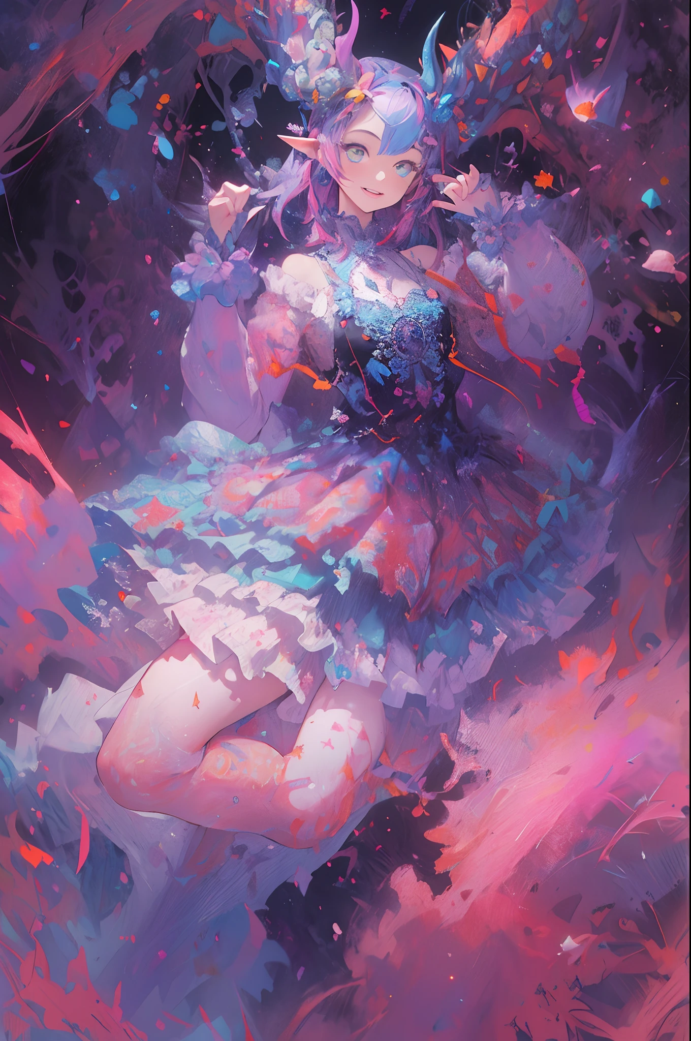 ((Flower dress),((demonic horns))，Ghost people，innocent smiles，(1 girl, Solo:1.6),(Cute smile),(Clothes are simple), (Best Impact:1.5), (maximalism:1.7), Vivid contrast, (Realistic), hyperrealistic illustrations, hight resolution, ultra-detailliert, absurderes,(Fractal Art:1.3)、Random hairstyle、Random hair color colorful、FULL BODYSHOT、Retro、Precise focus、randome pose、cinema4d、Drama