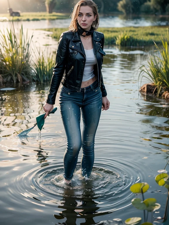 Morally Fallen Mature Woman, In top and jeans, standing in water, painting by Misha Klein, featured on cgsociety, fine art photography, Stylish photo shoot "Wetlook", photo of slim girl model, ultra-skinny flared jeans, (Wide flares on jeans:1.1), Fragile girl, leather jacket, (Drowning in a pond:1.4), in a pond, natural lighting, SoakingWetClothes