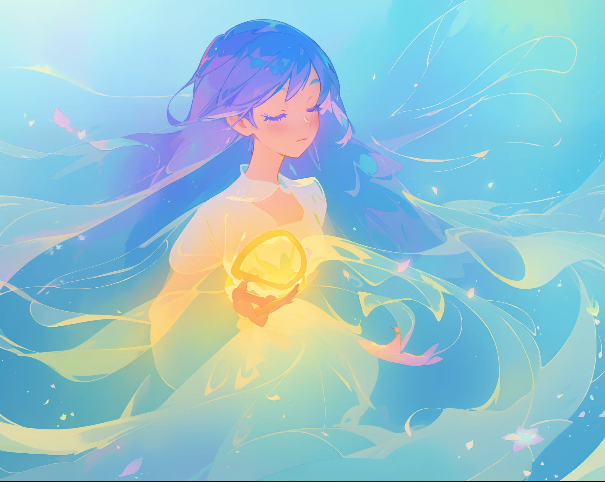 beautiful girl in yellow mint gradient flowing ballgown, long flowing blue purple hair, colorful fantasia background, watercolor illustration, disney art style, glowing aura around her, glowing lights, beautiful digital illustration, fantasia otherworldly landscape plants flowers, beautiful, masterpiece, best quality, anime disney style