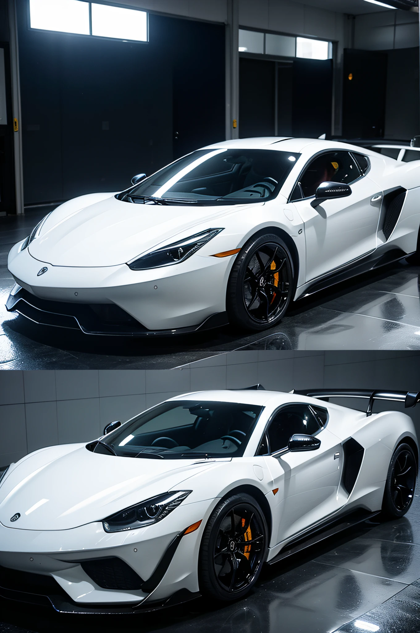 A beautiful woman washes a supercar，The background is indoors