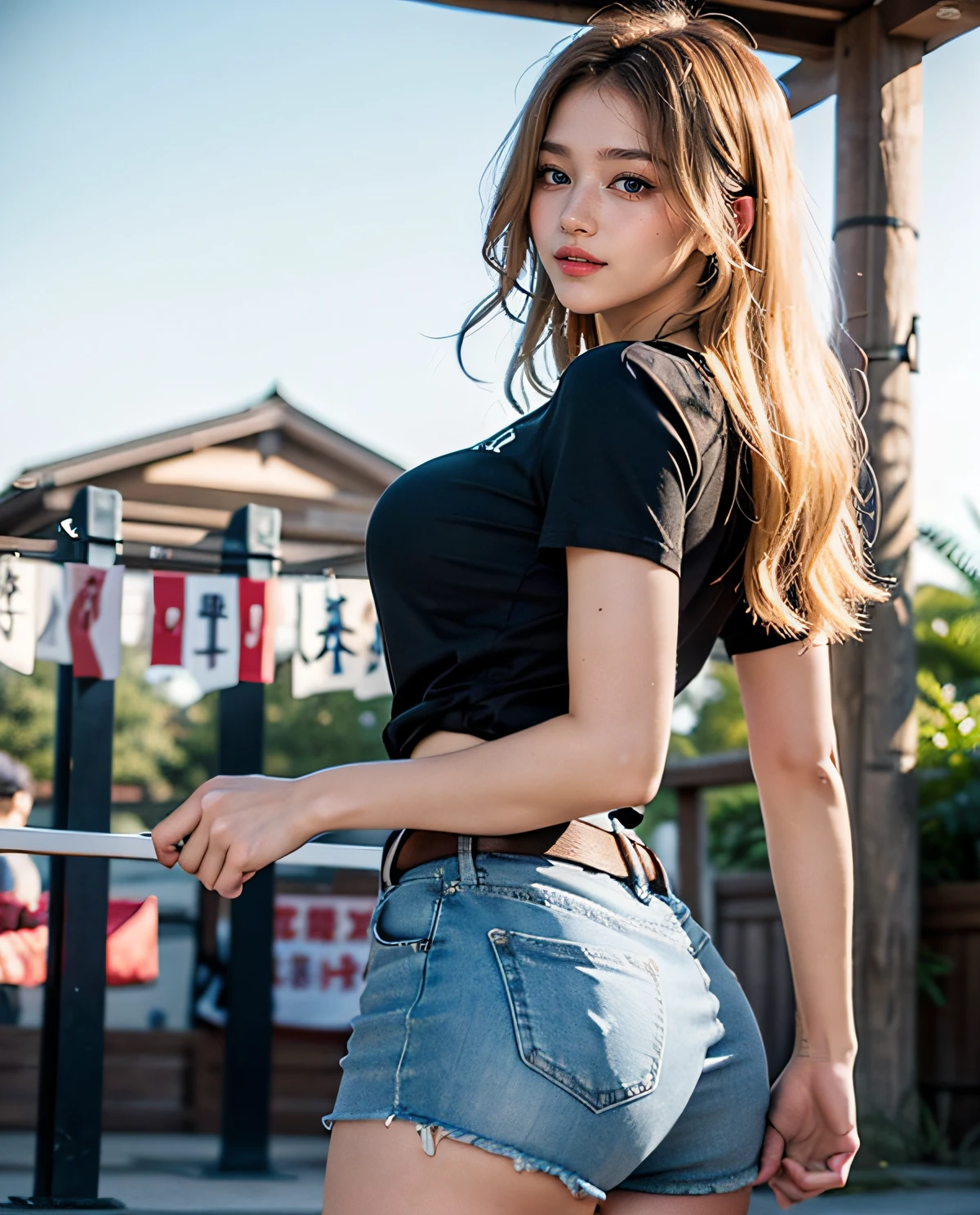 1girl, (Blue eyes), (Smile), (Sana Minatozaki), wide hips, Big Boobs, big ass, (Best Quality, 8k, Masterpiece: 1.3), perfect hands, Clear Focus: 1.2, Perfect Body Beauty: 1.4 , Slender Abs: 1.2, Highly detailed face and skin texture, detailed eyes, double eyelids, (blonde long hair), (black short t-shirt :1.2), (denim shorts), leather belt, standing, (in a matsuri :1.2), fair tents, many people in the background