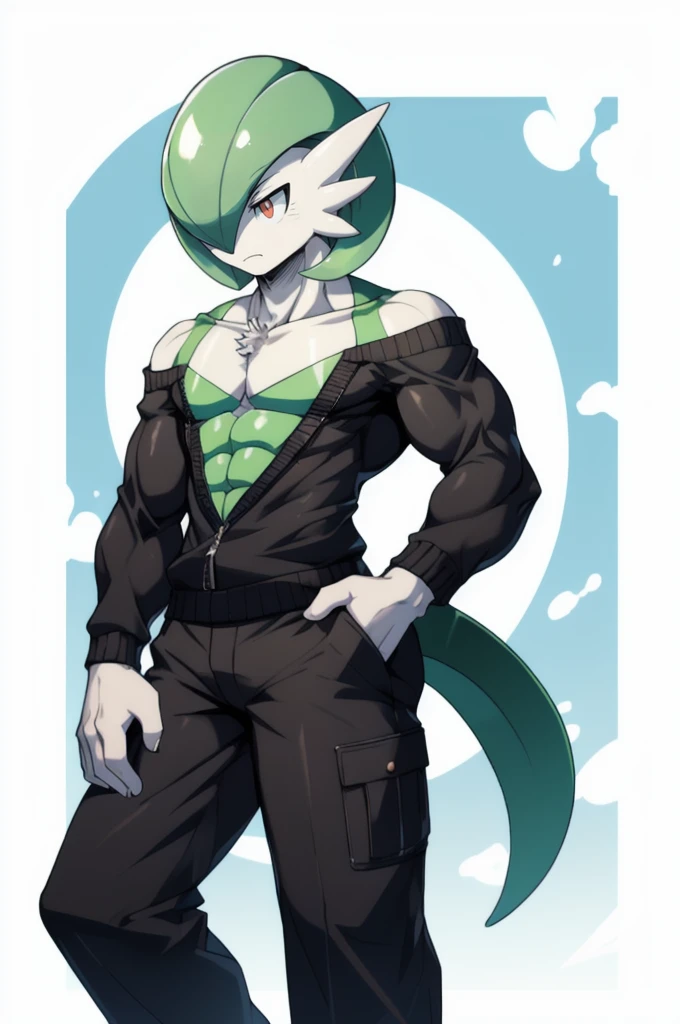masterpiece, best quality, full body, Solo, male, (masculine), furry, pectorals, pectoral cleavage, muscular, sidepec, (wide hips), huge ass, ((Gardevoir)), ((pokemon)), (off-shoulder suit), (sweater crop top),