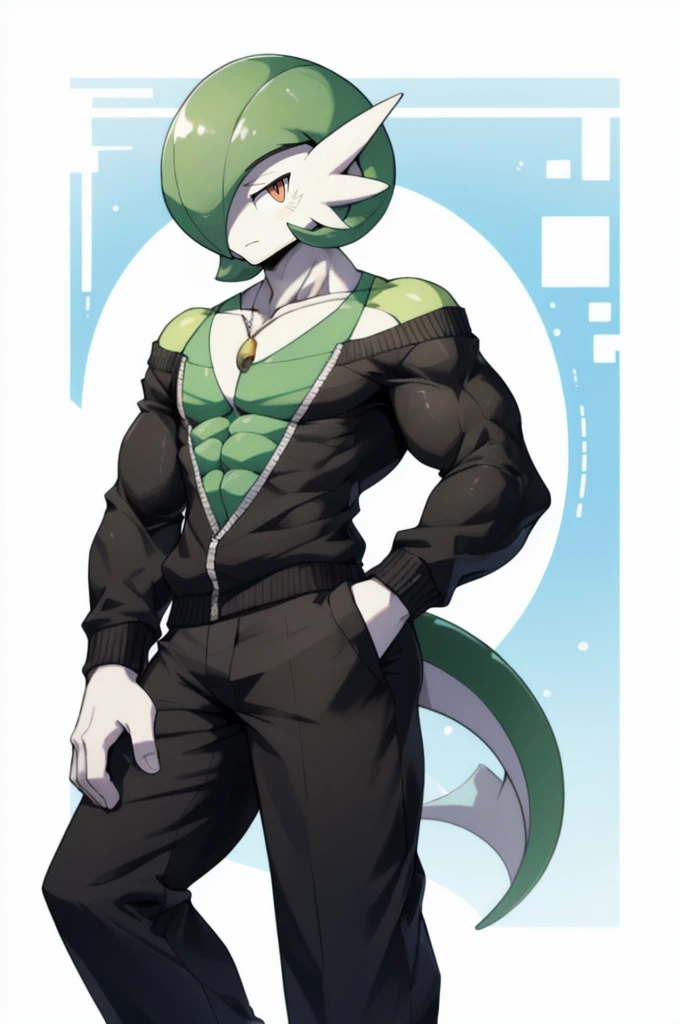 masterpiece, best quality, full body, Solo, male, (masculine), furry, pectorals, pectoral cleavage, muscular, sidepec, (wide hips), huge ass, ((Gardevoir)), ((pokemon)), (off-shoulder suit), (sweater crop top),