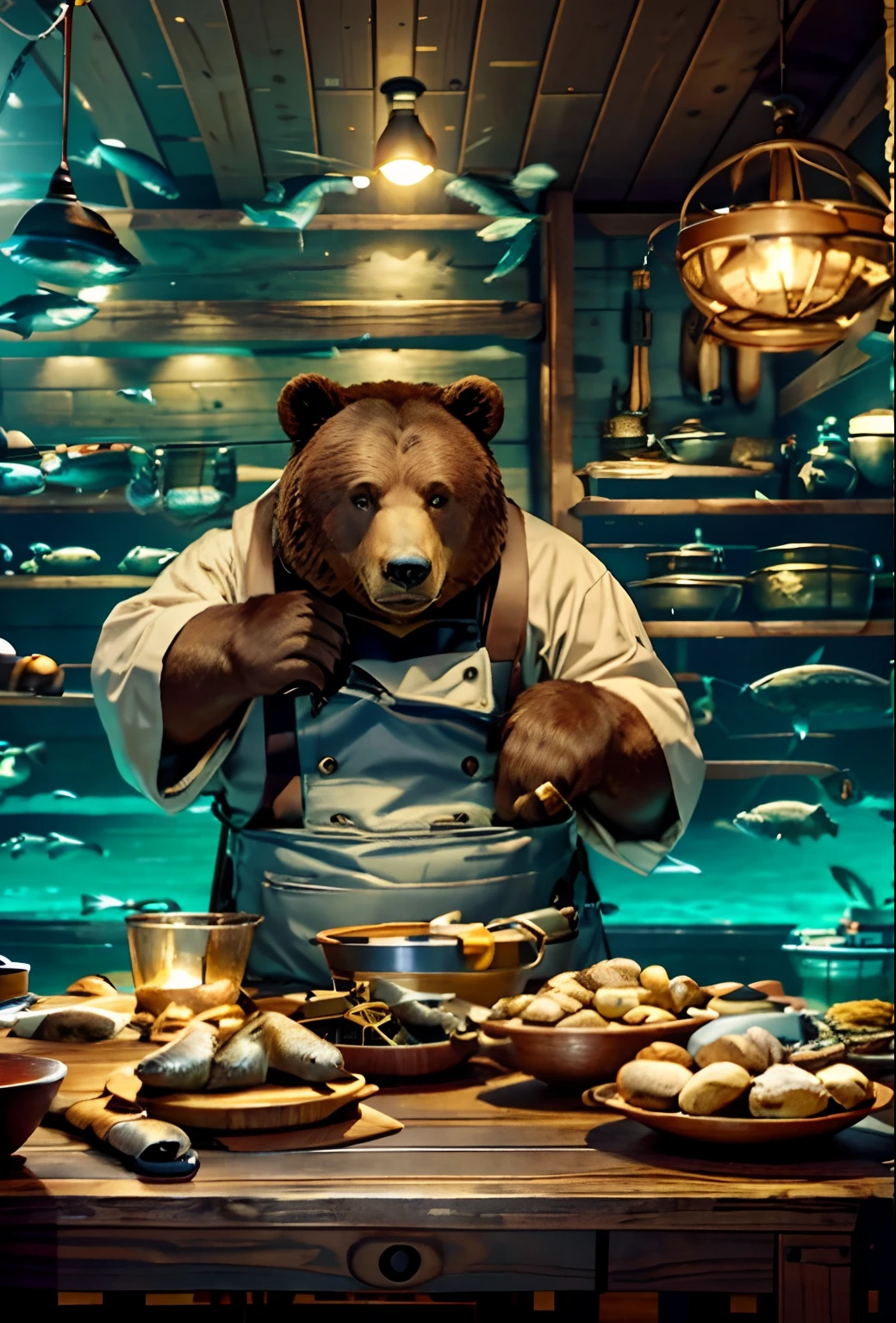 c4ttitude, Realism, Attentive Eyes ,Furr, applicant, Agile, attraction, Fishermen's clothing,stocklings, sits on a chair, Fish cage (Fishing pond,Fishing with a fishing rod),masutepiece, Best Quality, Ultra-detailed,8k wallpaper,Hyperresolution， Unreal 5,He looks very bored,Fat Brown Bear, Bear Hand