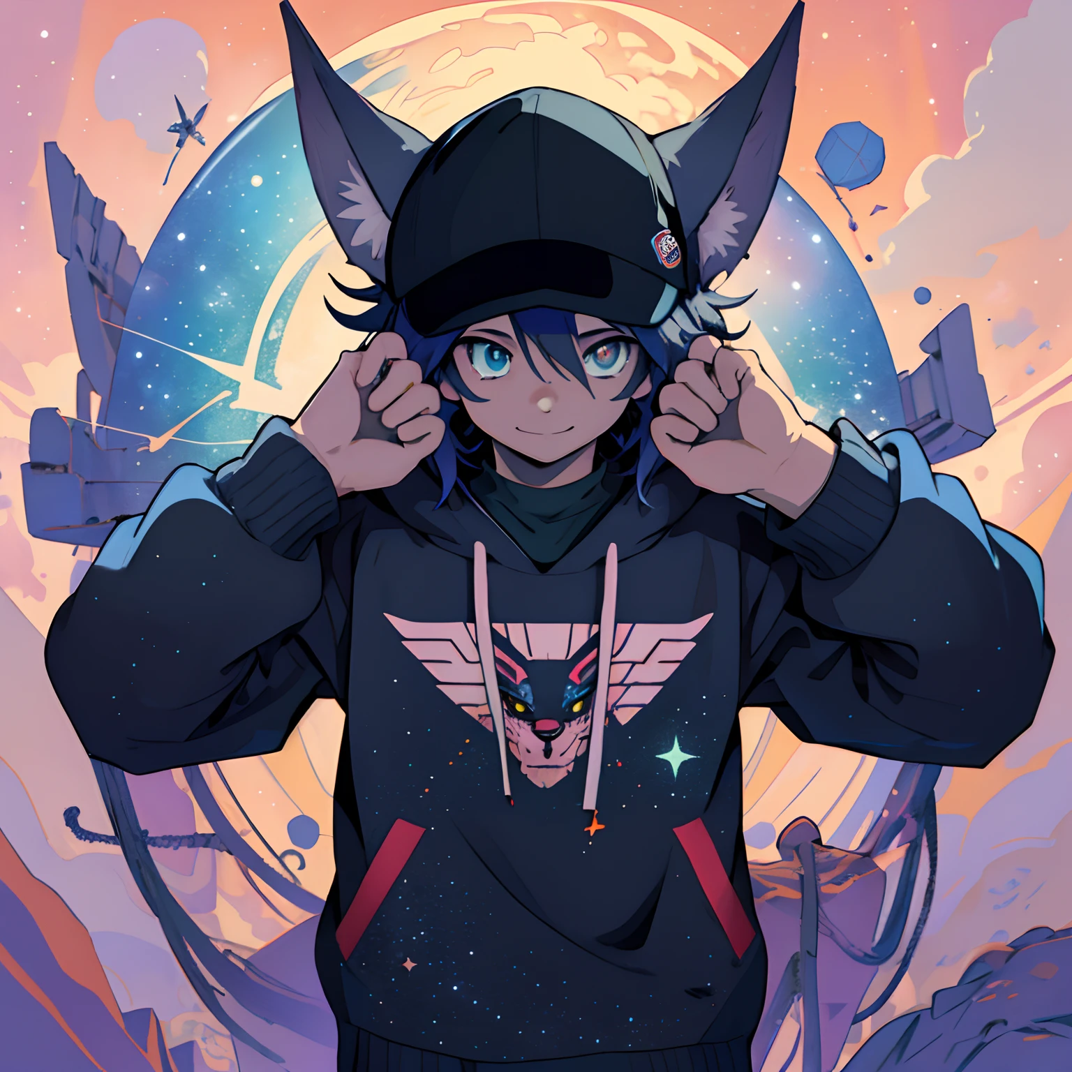 Imagen de dibujos animados de un hombre con una sudadera con capucha de estampados de galaxia con cuernos, Gorra estampada de galaxia, Art Style Anime, [[[sonriendo malvado]]]], weirdcore voidpunk fursona, unknown artstyle, Blade de Drain Gang, Retrato de personaje de DarkSynth, sonrisa loca, ((Zerator)), sonrisa nefasta, Single character, cuerpo completo