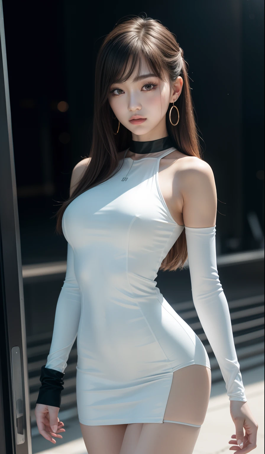 8K, Masterpiece, RAW photo, Best quality, detail:1.2),Photorealistic, Extremely detailed CG unifies 8K, 8K, Diamond, and wallpaper, Depth of field, Cinematic light, Lens flare, Ray tracing, (Extremely beautiful face, Beautiful lips, Beautiful eyes), intricate detail face, ((ultra detailed skin)) 1girll, Pretty Korean girl, Kpop idol,(slender fit body), ((view the viewer)), (bodycon minidress), (Injection sleeve) , background Night city, (neon lights), Pretty Korean girl, Earrings, Clear eyes, Walking , (Pale skin), (Big eyes), ((upperbody shots)), bodycon minidress, tight mini dress , colorful mini dress, single color dress, black choker, Turn Back, side shot, slim figure, healthy thighs, thigh gap
