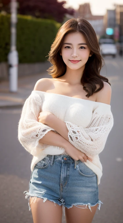 Innocent 16 year old girl、((Wearing a large off-the-shoulder,pose sensual)),Smile,Beautiful brown long hair,Raw photo, (in 8K、top-quality、masterpiece:1.2)、(intricate detailes:1.4)、(Photorealsitic:1.4)、Studio Soft Light, Rim Lights, vibrant detail, super detailing, realistic skin textures, Detail Face, Beautiful detail eyes, street pic, make - up, (detailedbackground:1.1), shinny skin, ,beutiful breast,((Full body drawing))