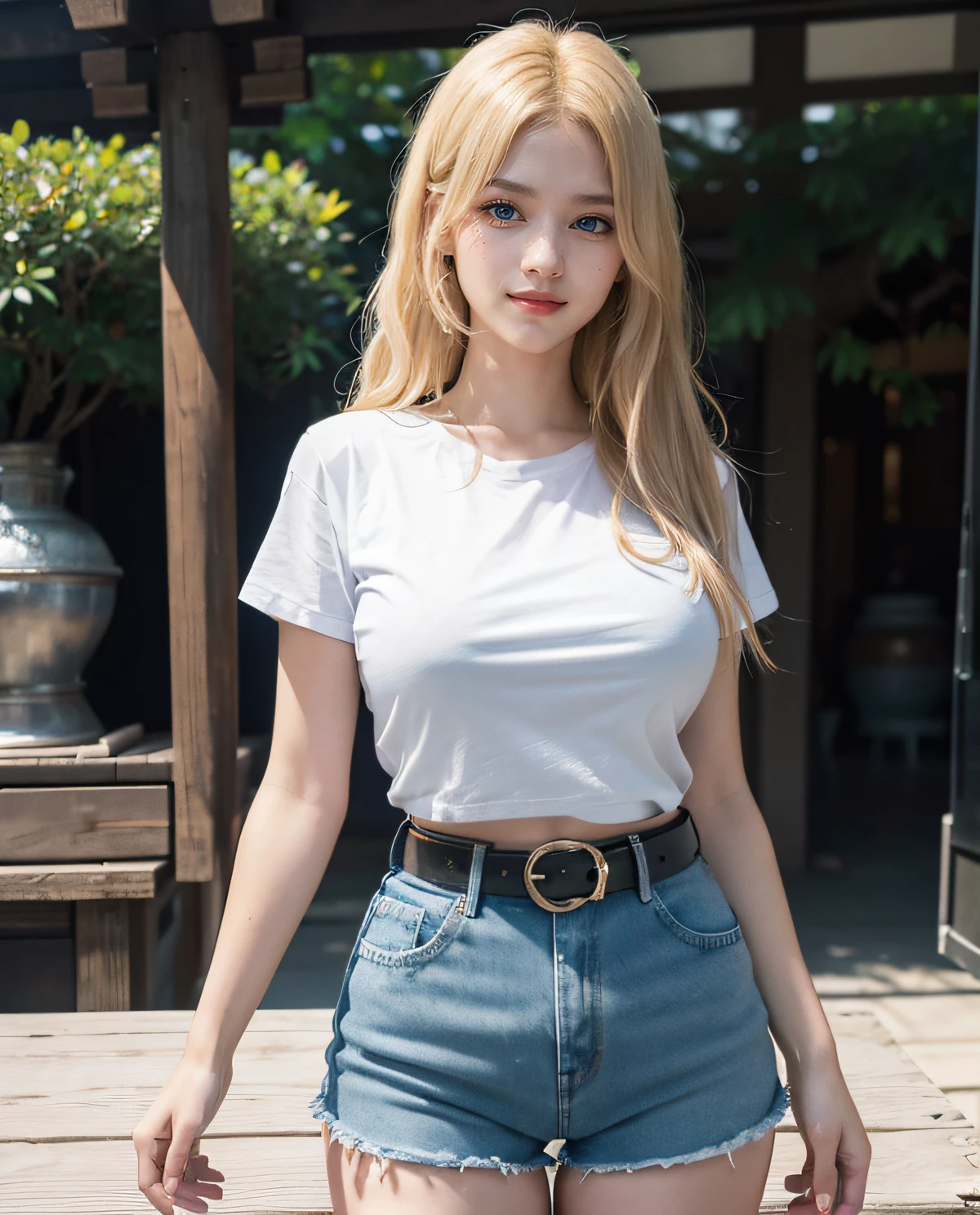 1girl, (Blue eyes), (Smile), (Sana Minatozaki), wide hips, Big Boobs, big ass, (Best Quality, 8k, Masterpiece: 1.3), perfect hands, Clear Focus: 1.2, Perfect Body Beauty: 1.4 , Slender Abs: 1.2, Highly detailed face and skin texture, detailed eyes, double eyelids, (blonde long hair), (black short t-shirt :1.2), (denim shorts), leather belt, standing, ((in a matsuri :1.3)), celebrations, (fair tents :1.2), ((many people in the background))