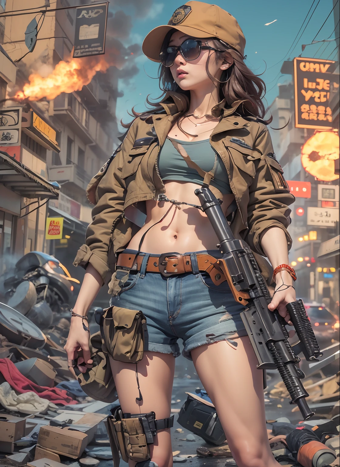 Arab movie poster, beautiful woman, medium dark long hair, sunglasses, black jeans, belt, rivets, holster, with big gun in hand, rivets, explosions, city, ruins, aliens invades, just one body