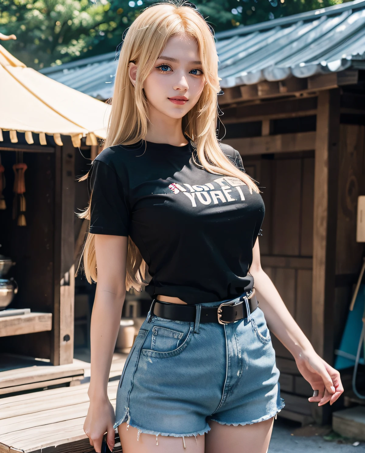 1girl, (Blue eyes), (Smile), (Sana Minatozaki), wide hips, Big Boobs, big ass, (Best Quality, 8k, Masterpiece: 1.3), perfect hands, Clear Focus: 1.2, Perfect Body Beauty: 1.4 , Slender Abs: 1.2, Highly detailed face and skin texture, detailed eyes, double eyelids, (blonde long hair), (black short t-shirt :1.2), (denim shorts), leather belt, standing, (in a matsuri :1.2), fair tents, many people in the background