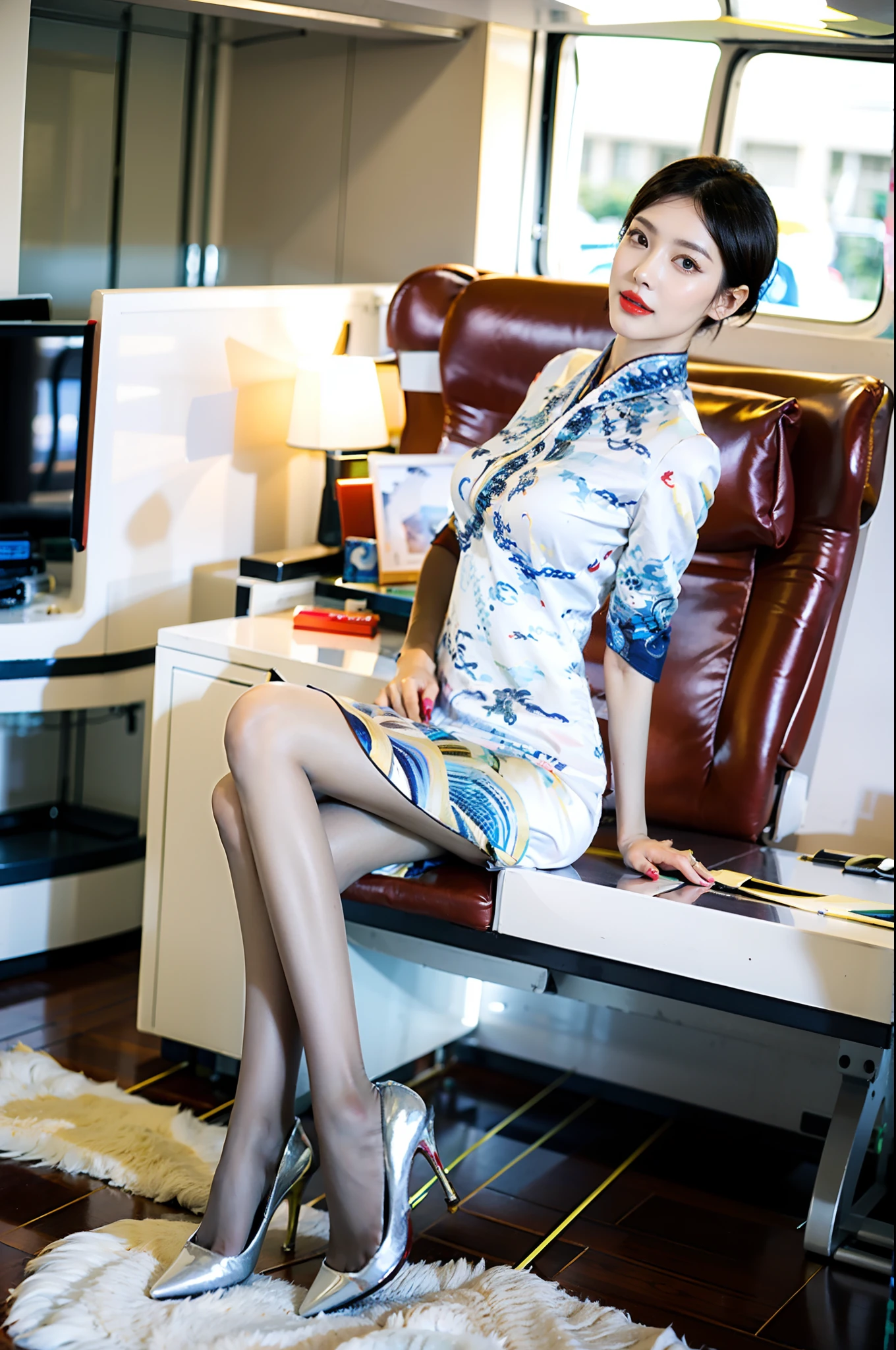 Stiletto heels，wavy short cut hair，Heavy makeup，Redlip，White skin，mature，full bodyesbian，Long legs，You can see the whole body，Ultra-thin flesh-colored pantyhose，Flight attendant cheongsam uniform，in a  bedroom