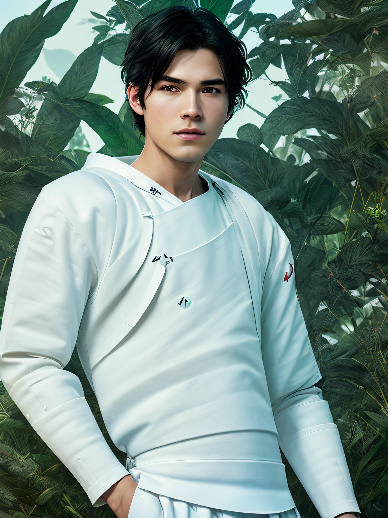 (1人:2), ((Male model)) Warm skin, Masterpiece, Best quality, The most beautiful man in the world, Handsome male model, An attractive man,Aesthetic for 18-24 year olds, Blooms in spring, Green fields, Spring, uni, green trees, flower, Blue sky, Sturdy and beautiful young man in white pajamas, white jockstrap, White cloth, bareness, (Male focus), ((Smooth body)), Super beautiful, Dynamic, Cool and seductive poses, Dramatic lighting, Full body photo, Young face, Whole body, Hairless body, Thin and tall, fit body, Dominant, Fair or fair-skinned, Young face, Firm body, High definition, natural flesh tones, Soft light, Highly detailed, looking at viewert, Photography, Detailed skin, Real Human, Realistic, photo-realistic, insanely details, detail in face, Minimalist hype, Surrealist hype, Cinematic, Telephoto, Intricate lighting details, Highly detailed, Highly detailed, Digital painting, art stations, concept-art, smooth, Sharp focus, illustration, Unreal Engine 5, 8K, Art by Ross Tran and Greg Rutkowski and Alphonse Mucha, hyper HD, 8K, show only male,hyper HD, Digital SLR, poor lighting, High quality, filmgrain, Fujifilm XT3,novel cover,Sizzling romance,Black hair and emerald green eyes,