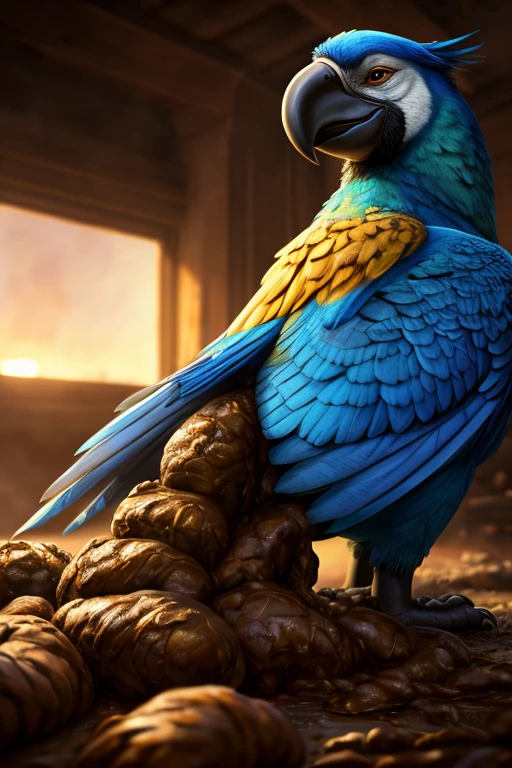 photorealistic feral macaw with hyper feces anal, urine, feces everywhere, scat, on back, hyper realistic, (cinematic colors, cinematic lighting, incredible detail, 16k resolution, award winning photography,