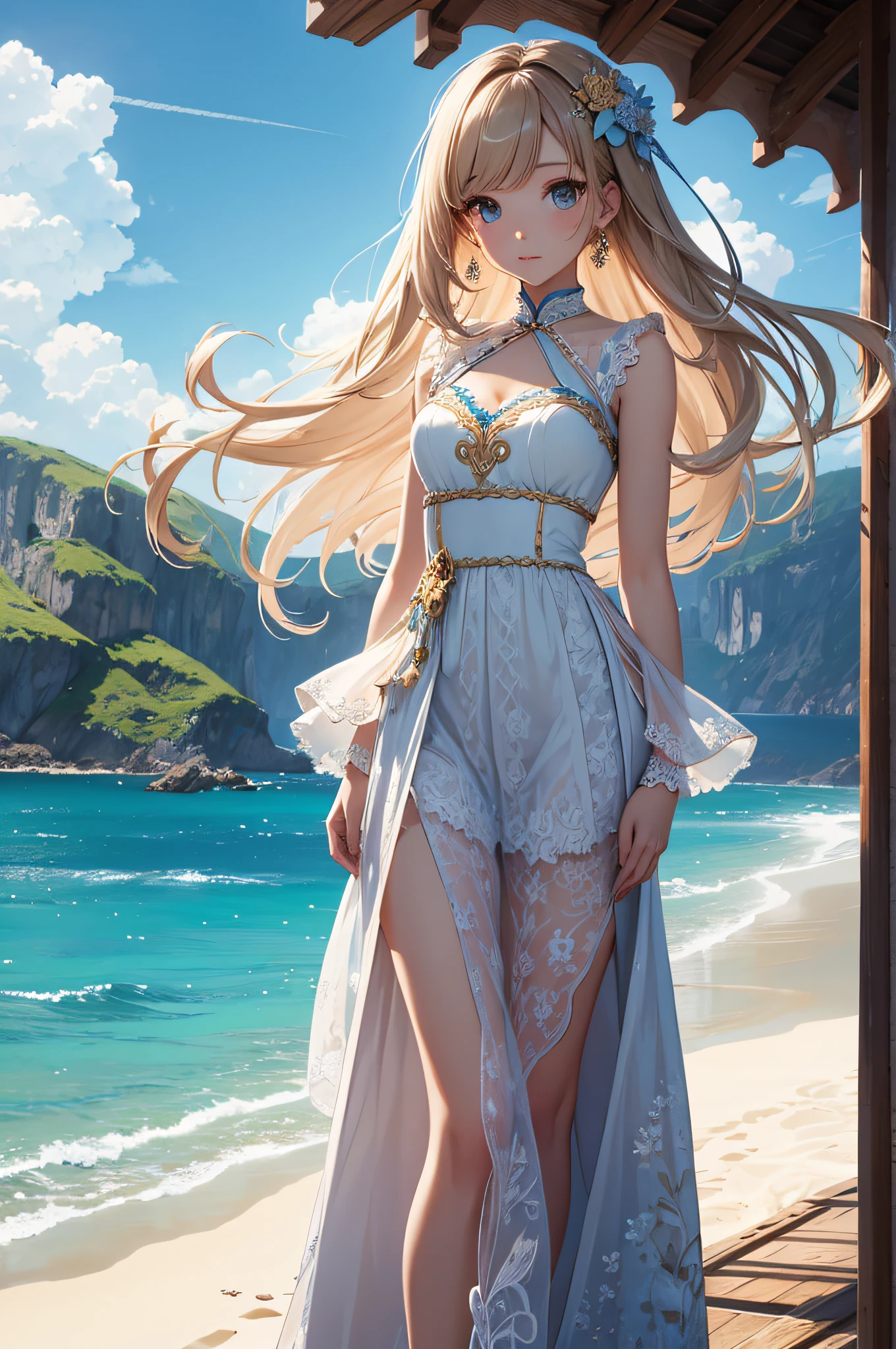 masterpiece、Background with((sea side、sand beach))、a beauty girl、Highly detailed embroidery on the dress、skirt by the、