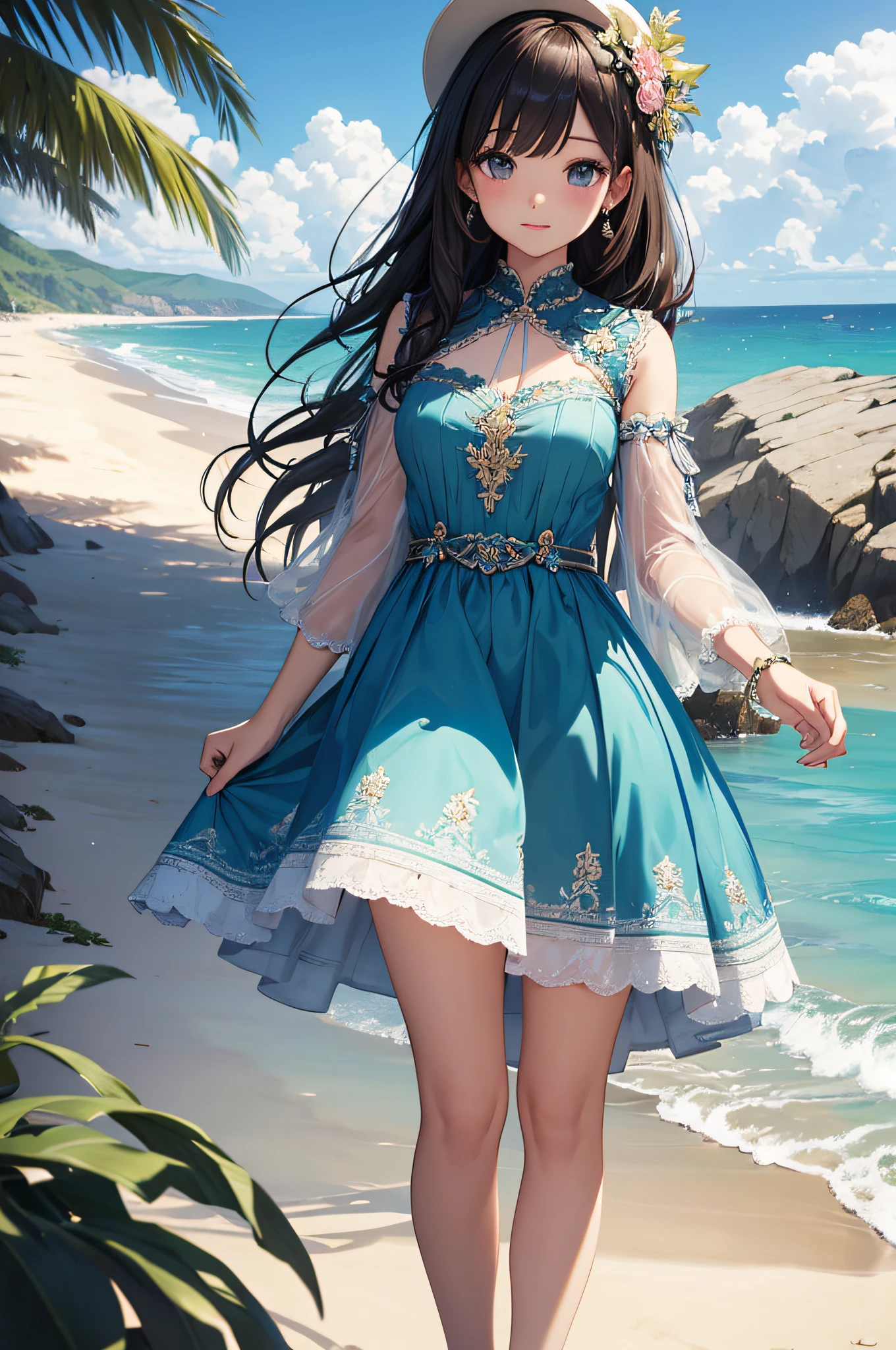 masterpiece、Background with((sea side、sand beach))、a beauty girl、Highly detailed embroidery on the dress、skirt by the、