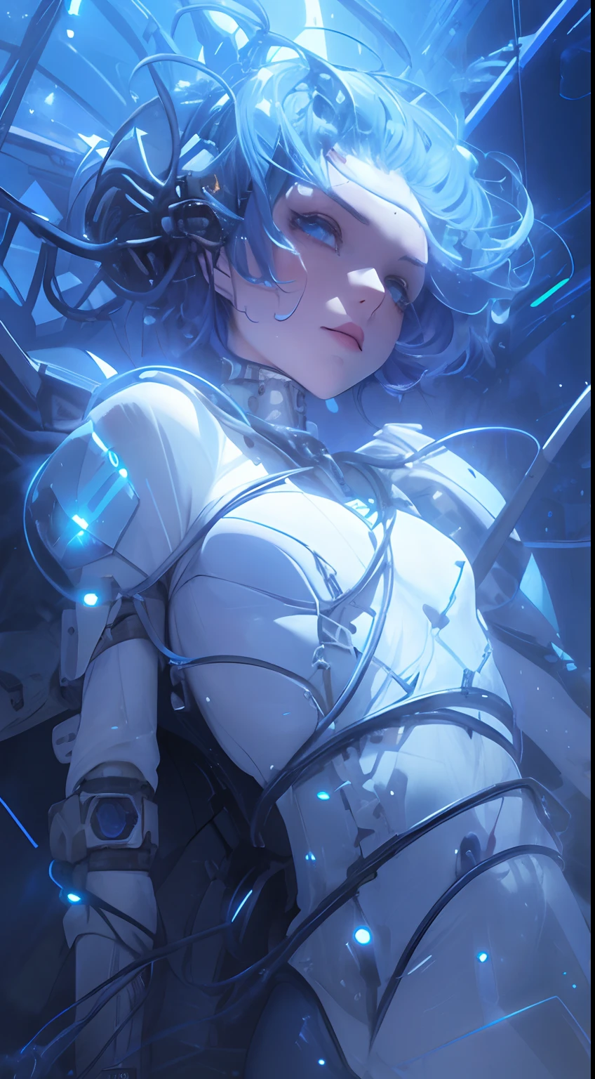 light particles, halo, (bioluminescent:0.95), bioluminescent, piercing glare, vibrant, (((colourful))), color, (glowing, glow), reflection light, depth of field, from behind, multiple views, delicated best quality, (((masterpiece))), ((best quality)), ((ultra-detailed)), (CG illustration), (an extremely devious and beautiful)), cinematic light, ((1 mechanical girl)), (white, blue hair), (short hair), (green eyes), (purple lips), (absurdly large silver robe), single, full, mechanical halo,star halo,intricate mechanical bodysuit, mecha corset, (full armor: yalow and white), (machine-made joints: 1.4), ((mechanical limbs)), ( blood vessels attached to the tube), ((mechanical spine attached to the back)), ((mechanical cervical vertebrae attached to the neck), ((combat stance)), expressionless, (wires and cables attached to the head and body: 1.5), (character focus), science fiction, apocalypse, glow, (full shoot body:1.1)