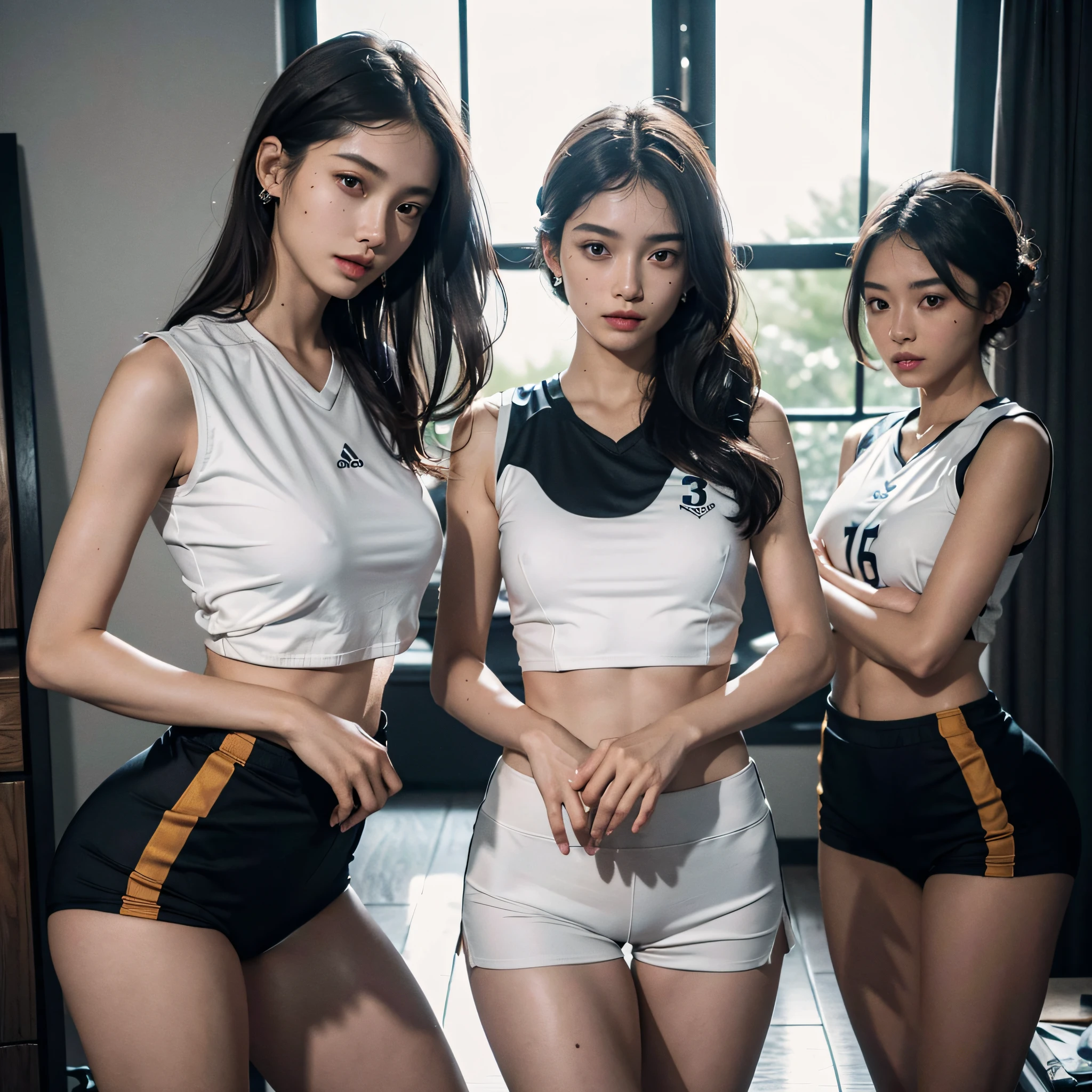 absurdres, RAW photo, extremely delicate and beautiful, masterpiece, Best Quality, ultra high resolution, 16k, hyperrealistic, ultra-detailed, perfect anatomy, super Detailed skin, perfect figure, Very detailed CG 8k wallpaper, in her 20s, very Slim body, narrow waist, very small head, very small face, double eyelids, delicate facial features, makeup, tearful mole, mole on chest, earring, beautiful and very thin legs, beautiful and very thin thighs, ((very huge round breasts)), (((((3 girls))))), bronze hair, short hair, wavy hair, sweat, sleeveless, midriff, ((volleyball uniform)),