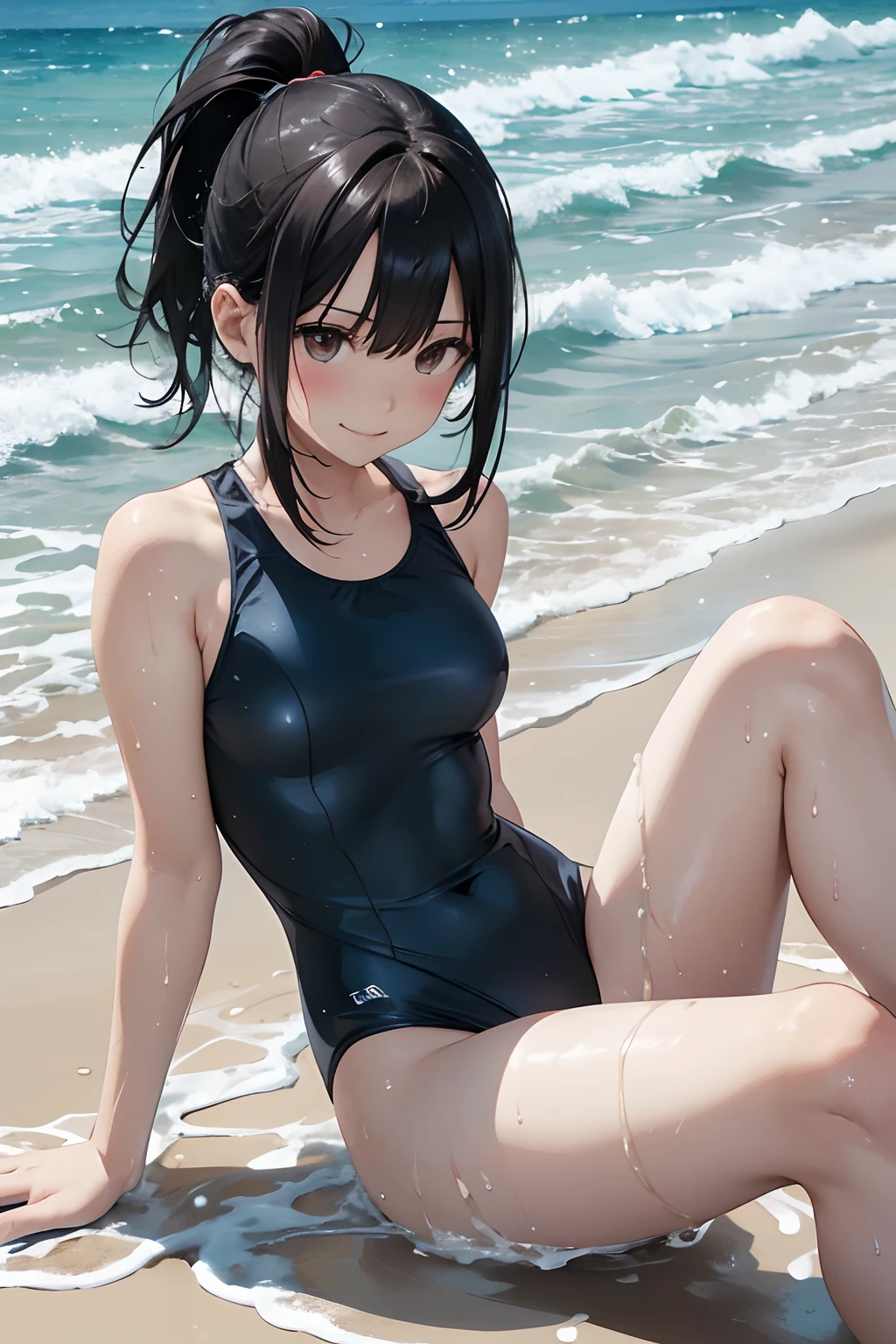 masutepiece), (Best Quality), hyper detailed illustration,beautiful artwork,Black-haired age girl in dark blue school swimsuit sitting on the sand on the beach, 1girl in, onepiece swimsuit, Solo, Outdoors, Sitting, ssmile, Water, Looking at Viewer, Wet, Black hair, Ponytail, Brown eyes, Covered navel, Beach, day, thighs thighs thighs thighs, ocean, Bangs, Small breasts, Closed mouth, (strong light coming in),(light glow:1.1),(Swimwear Wet:1.1),(Sweat:1.2),(straggling hair:1.1),a smile,Beach,(Bokeh),(Lens Flare),