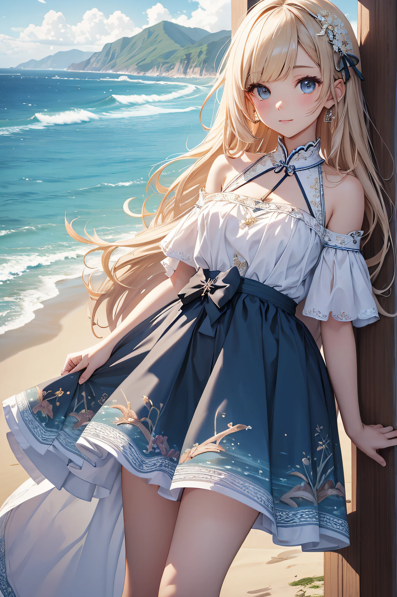 (masterpiece:1.1), (best quality:1.0), (ultra highres:1.0) ,(8k resolution:1.2),(realistic:1.0),(ultra detailed1:0), (sharp focus1:0), (RAW photo:1.1), (lighting:1:1), Waikiki Beach_\(Hawaii\) marin_\(My Dress-Up Darling\), 1girl, bangs, black_choker, choker, bare_legs, barefoot, beach, blue_skirt, blue_sky, blush, bracelet, small_breasts, ear_piercing, earrings, cloud, cloudy_sky, day, footprints, full_body, horizon, jewelry, leaning_forward, long_hair, looking_at_viewer, ocean, one_eye_closed, open_mouth, outdoors, blue_pleated_skirt, red_eyes, shore, white_skirt, sky, smile, solo, standing, white_panties, (Blonde to pink gradient long hair1:1.1), water, waves, white_shirt, wind,