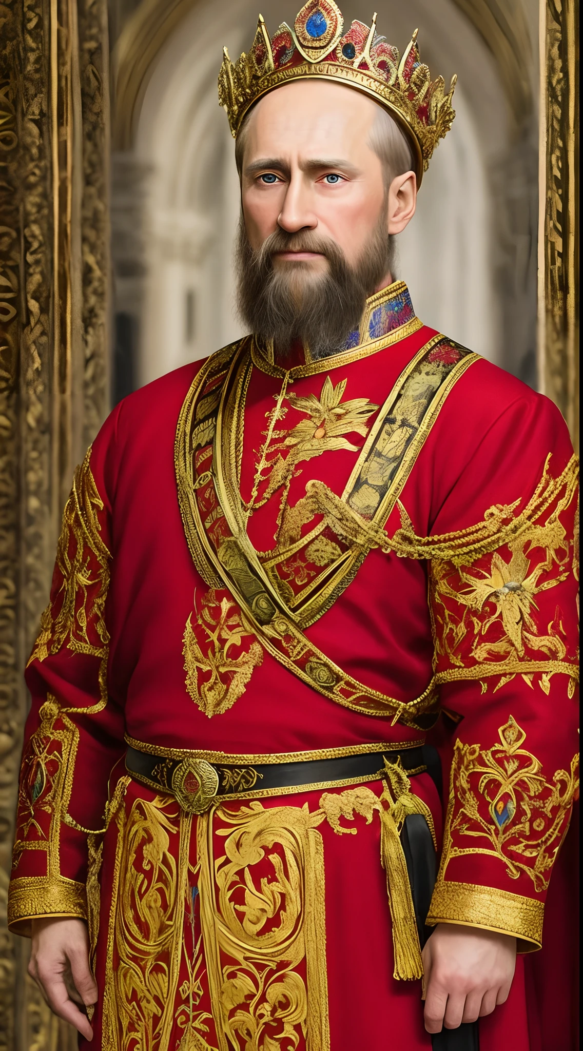 A breathtaking oil painting of Vladimir Putin, resembling the iconic medieval Russian emperor, adorned in regal attire and jewelry, exuding an air of authority and power. The artist meticulously captures every detail of Putin's face, highlighting his piercing gaze and stern expression, as if he were surveying his vast empire. His flowing beard, a symbol of wisdom and strength, is painted with precision, each individual hair carefully rendered. The intricate embroidery on his richly colored robe is a testament to the artist's hyper-detailed textile style, reminiscent of the finest works from the era of medieval emperors. The golden eagle, symbol of Russia, adorns his crown, while a jeweled scepter rests at his side, further emphasizing his status as a powerful leader. The artist's masterful use of light and shadow adds depth and dimension to the painting, transporting the viewer back in time to the opulent world of medieval Russia. This realistic oil painting is a tribute to Putin's status as a modern-day emperor and a testament to the artist's unparalleled skill, which transcends time and place.