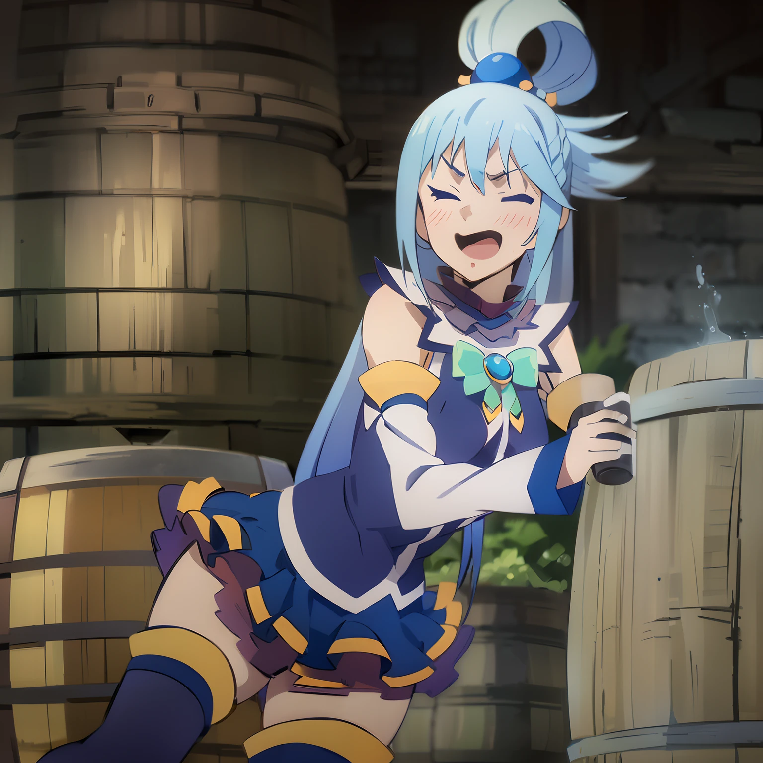 masuter piece, Best Quality, 超A high resolution, top-quality, Anime style, The best lighting, Beautiful face, Konosuba Aqua, lightblue hair, Cute Goddess, (1girll:1.4), black and blue clothing, White sleeves, Drinking alcohol, (Super drunk:1.3), (Barrel Mug:1.3), Fantasy World, (I'm laughing a lot:1.3)