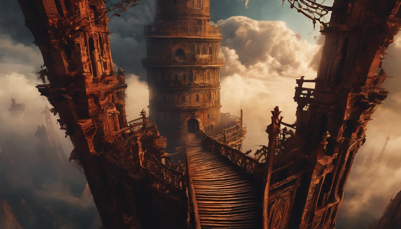(Best quality,4K,8K,A high resolution,Masterpiece:1.2),Ultra-detailed,(Realistic,Photorealistic,photo-realistic:1.37), The boy stood at the top of a tall tower, Narrow towers,, (Look down from the boy's point of view),(Stand at the top of the tower),The towers sway from side to side, Terrifying, On his own, Detailed tower structure, Dark and looming sky, The boy's eyes were filled with fear, Trembling hands, Realistic depiction of the height and thickness of the tower, Strong winds blowing, There are no other living souls around, Vast emptiness, A spiral staircase leading to the top, Rust and rot, eerie silence, Extreme altitude causes vertigo, The supernatural thinness of the tower, Dense fog obscures view, creepy atmosphera, A sense of imminent danger, The boy's heart pounded in his chest.