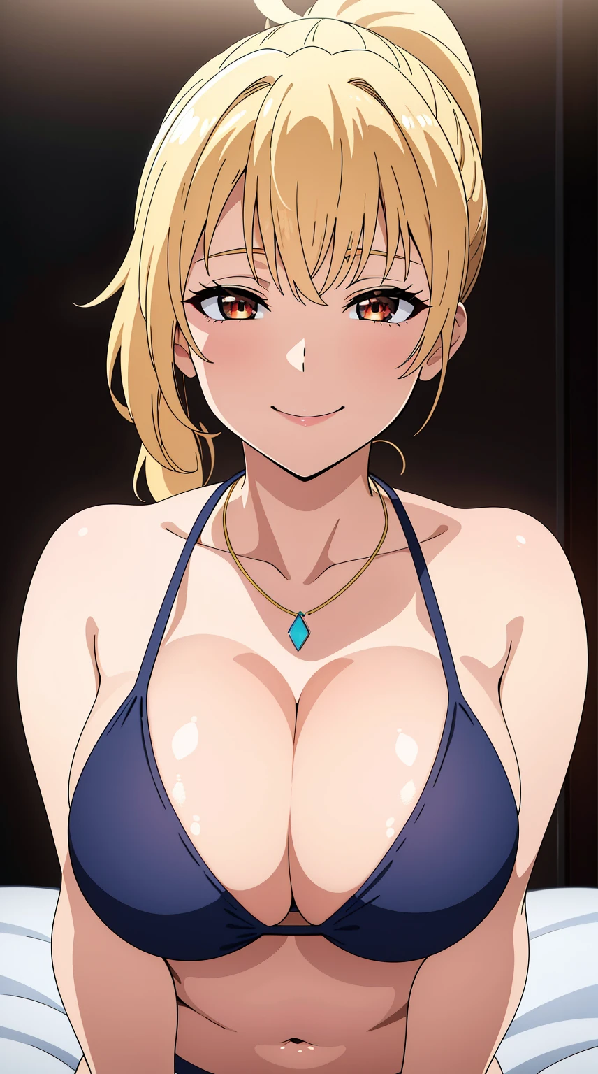 (best quality:1.5, highres, UHD, 4K, detailed lighting, shaders), blonde ponytail, smiling, large breasts, bikini, necklace, cleavage, sexy, erotic, lewd, pov, close shot